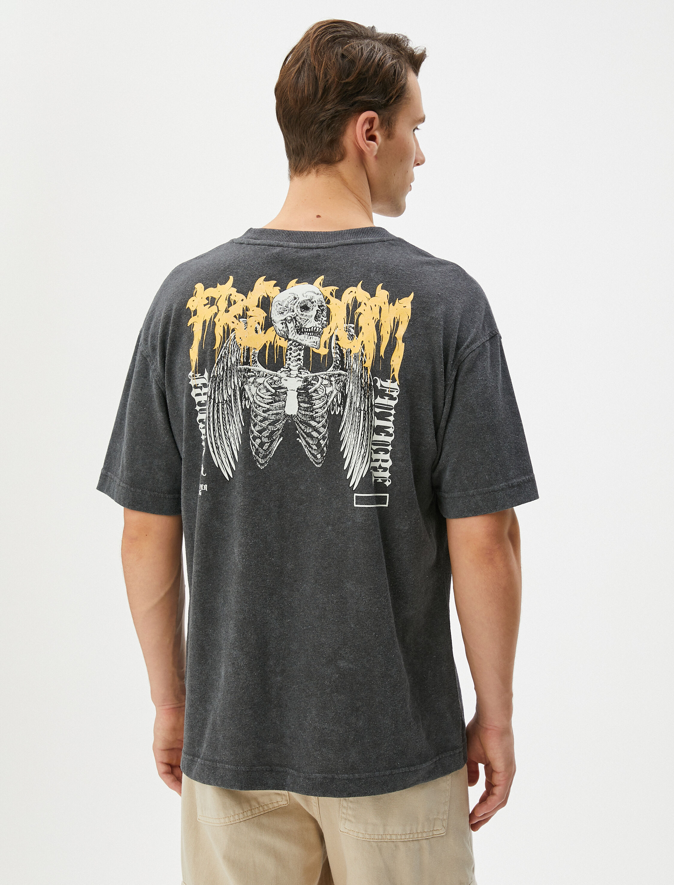   Oversize Yıkamalı Tişört Slogan Baskılı Bisiklet Yaka