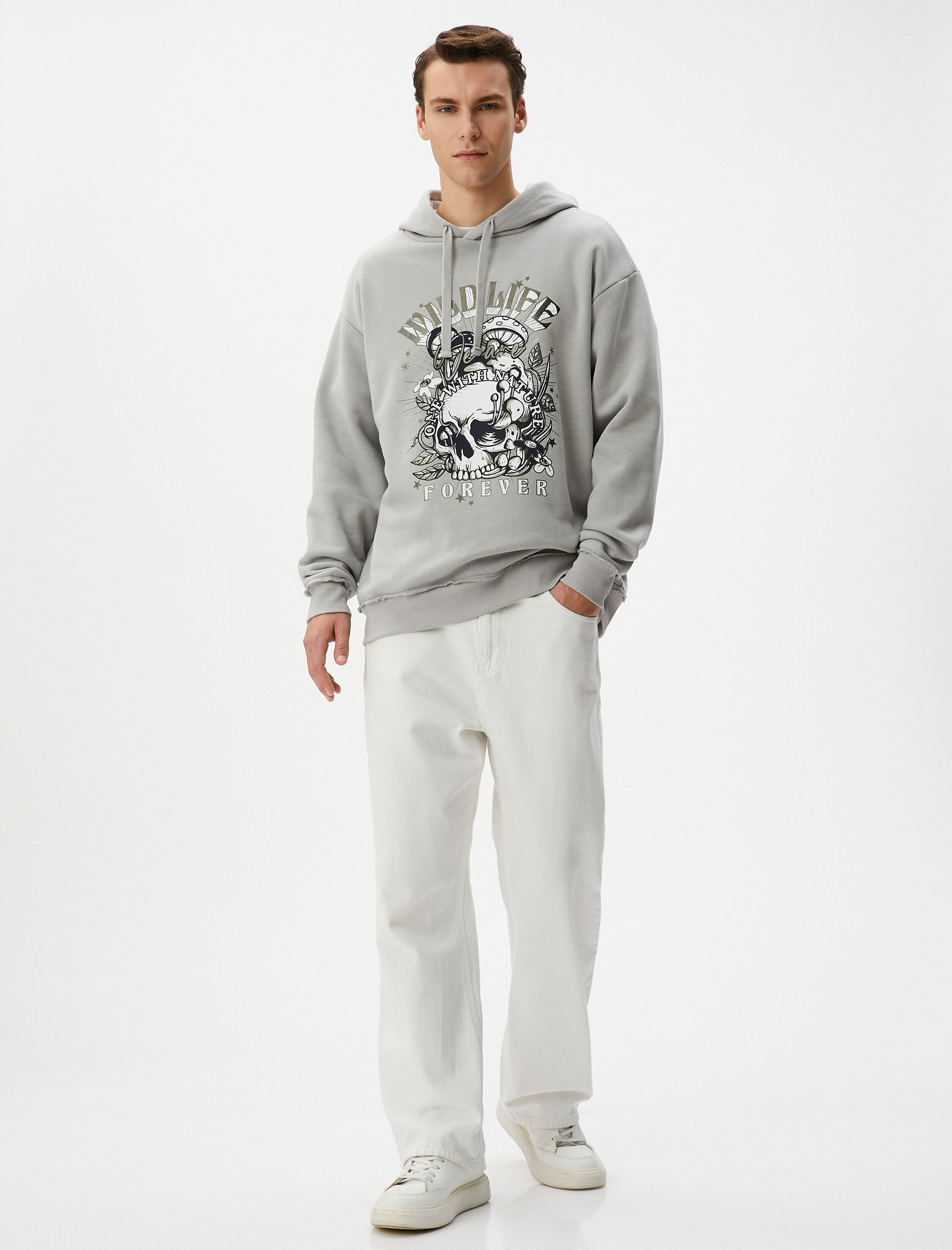 Oversize Kapşonlu Sweatshirt Kuru Kafa Baskılı Şardonlu