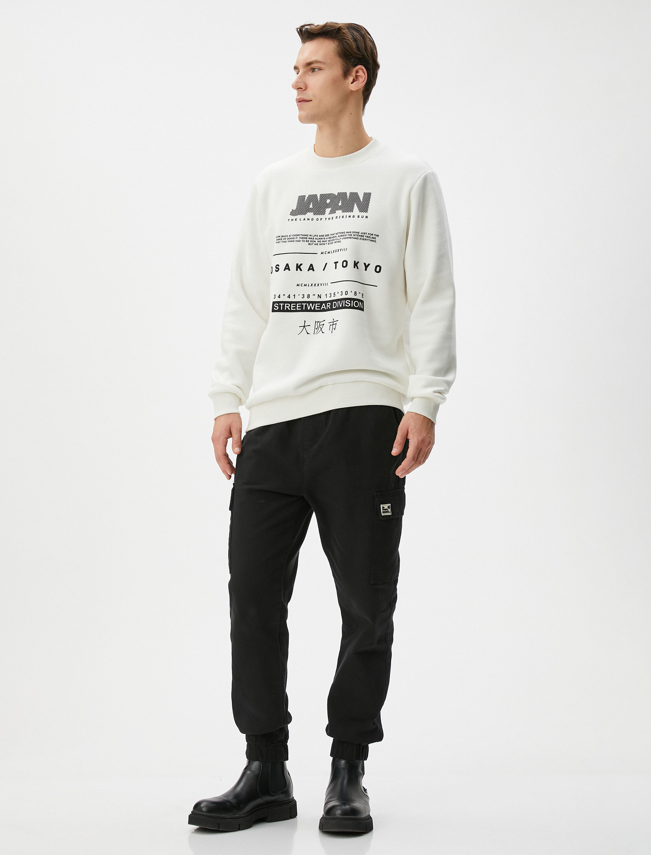   Slogan Baskılı Sweatshirt Uzakdoğu Temalı Bisiklet Yaka Şardonlu