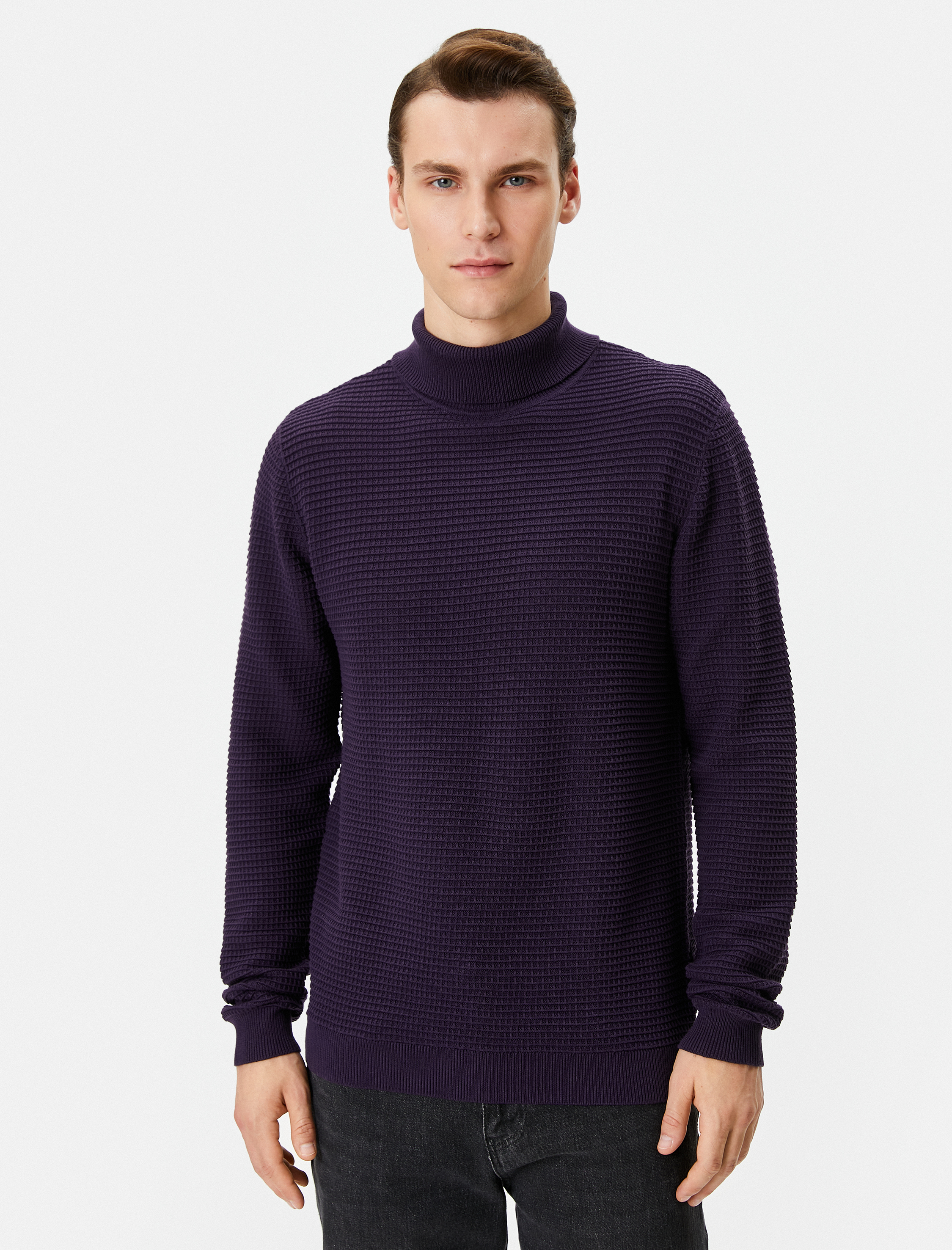   Balıkçı Yaka Kazak Triko Slim Fit Dokulu Uzun Kollu