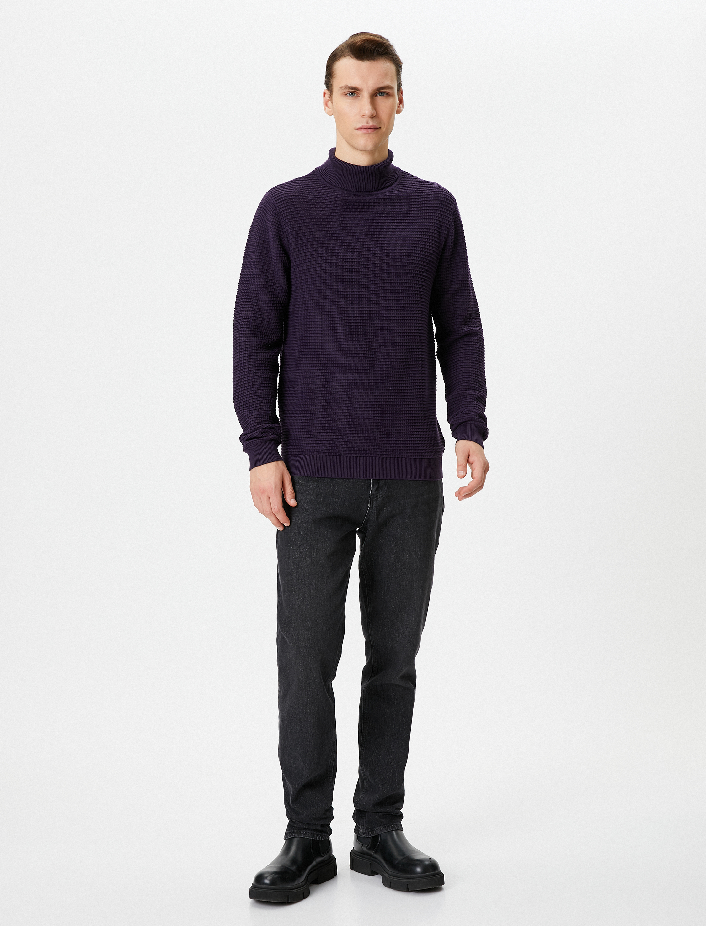   Balıkçı Yaka Kazak Triko Slim Fit Dokulu Uzun Kollu