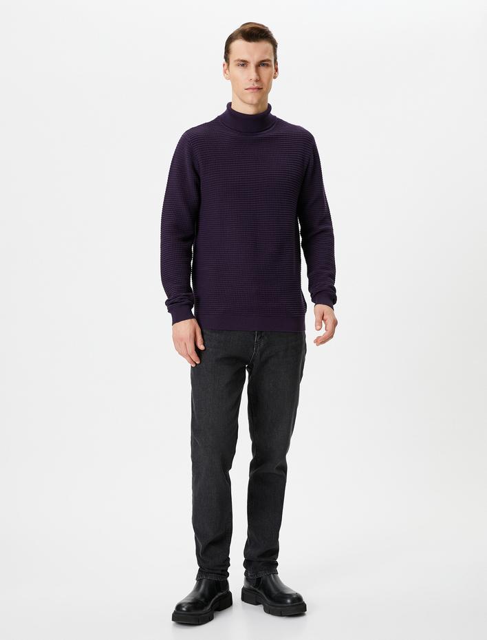  Balıkçı Yaka Kazak Triko Slim Fit Dokulu Uzun Kollu