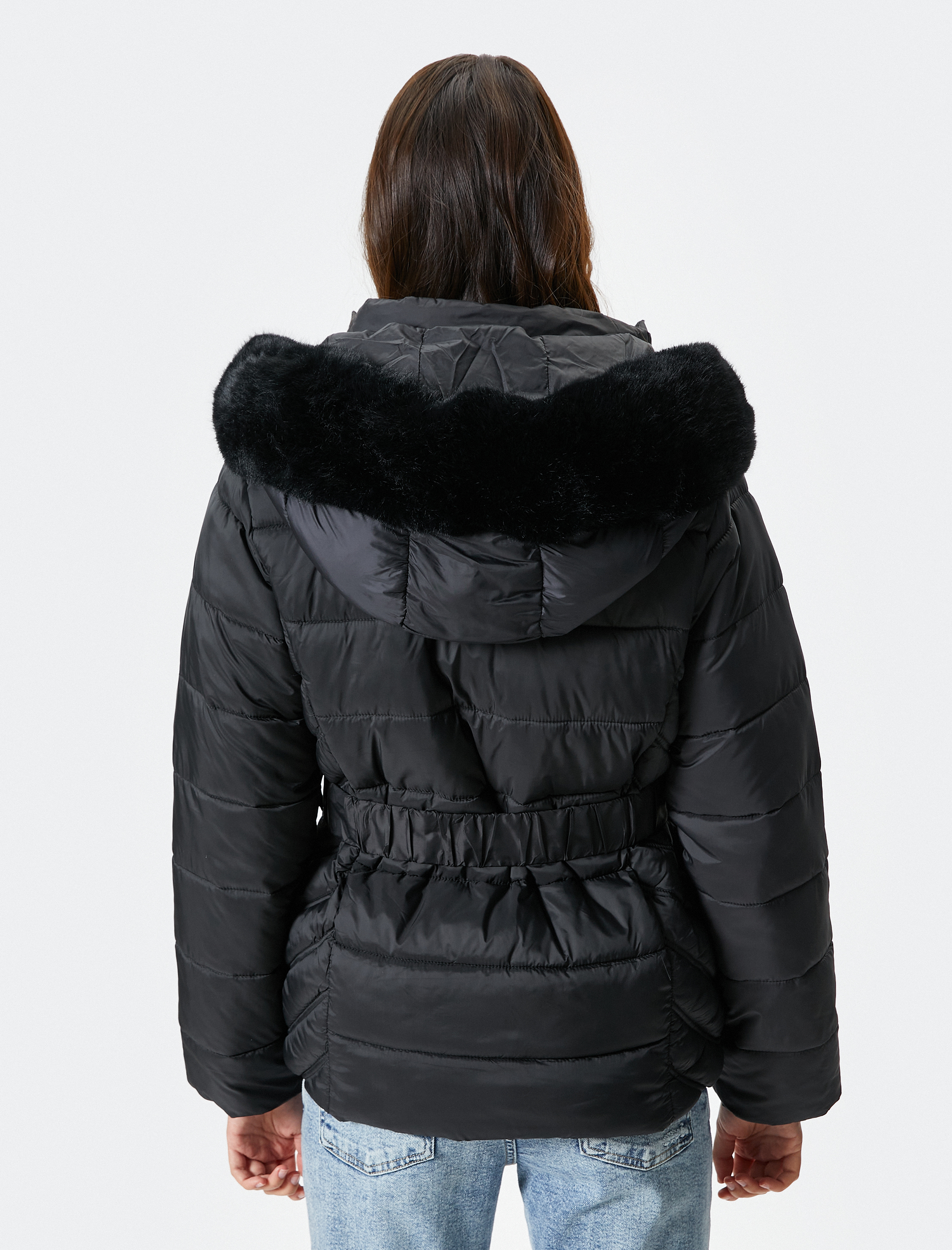 Kısa Şişme Mont Kemerli Çıkarılabilir Kapüşonlu