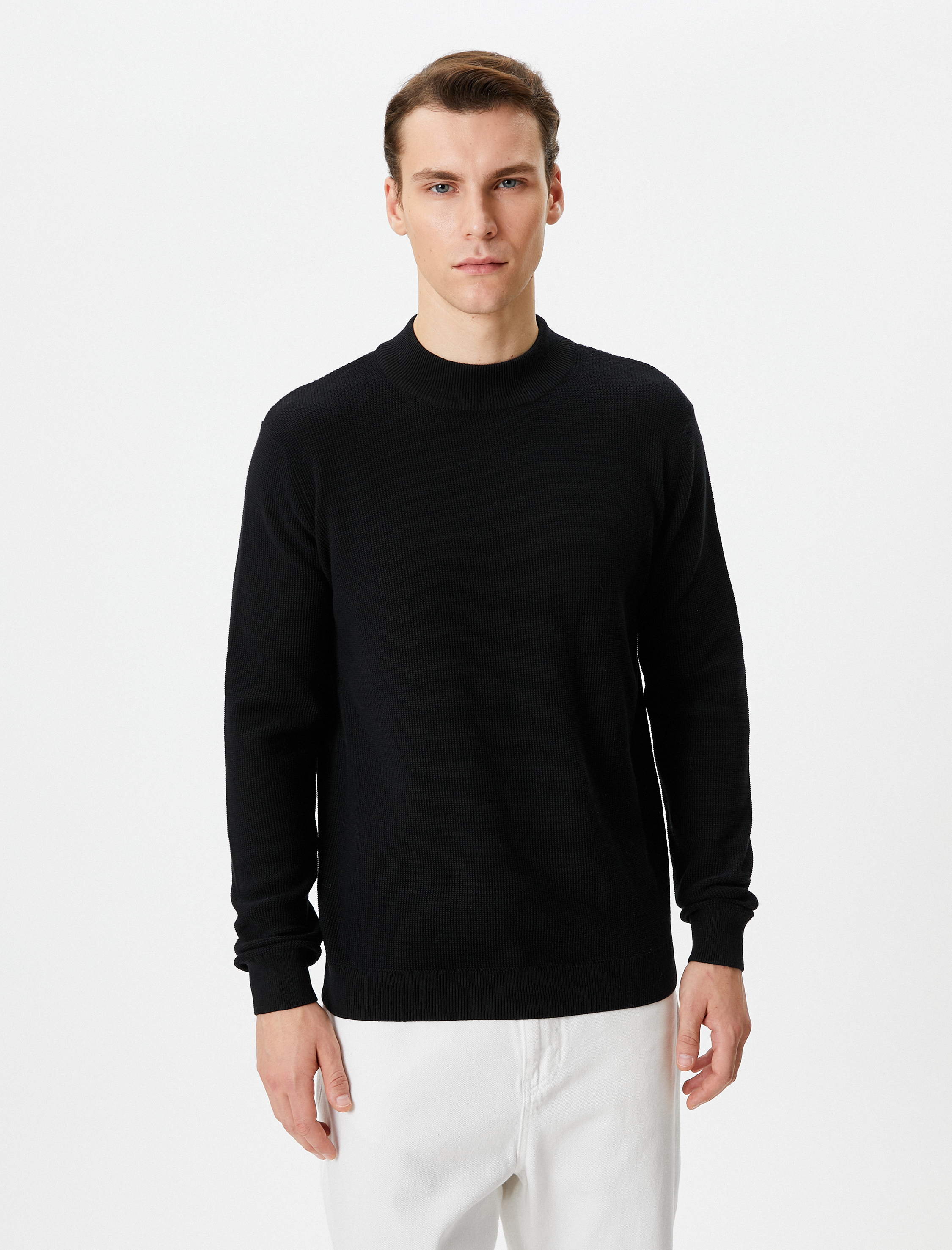   Yarım Balıkçı Yaka Kazak Triko Dokulu Uzun Kollu Pamuklu