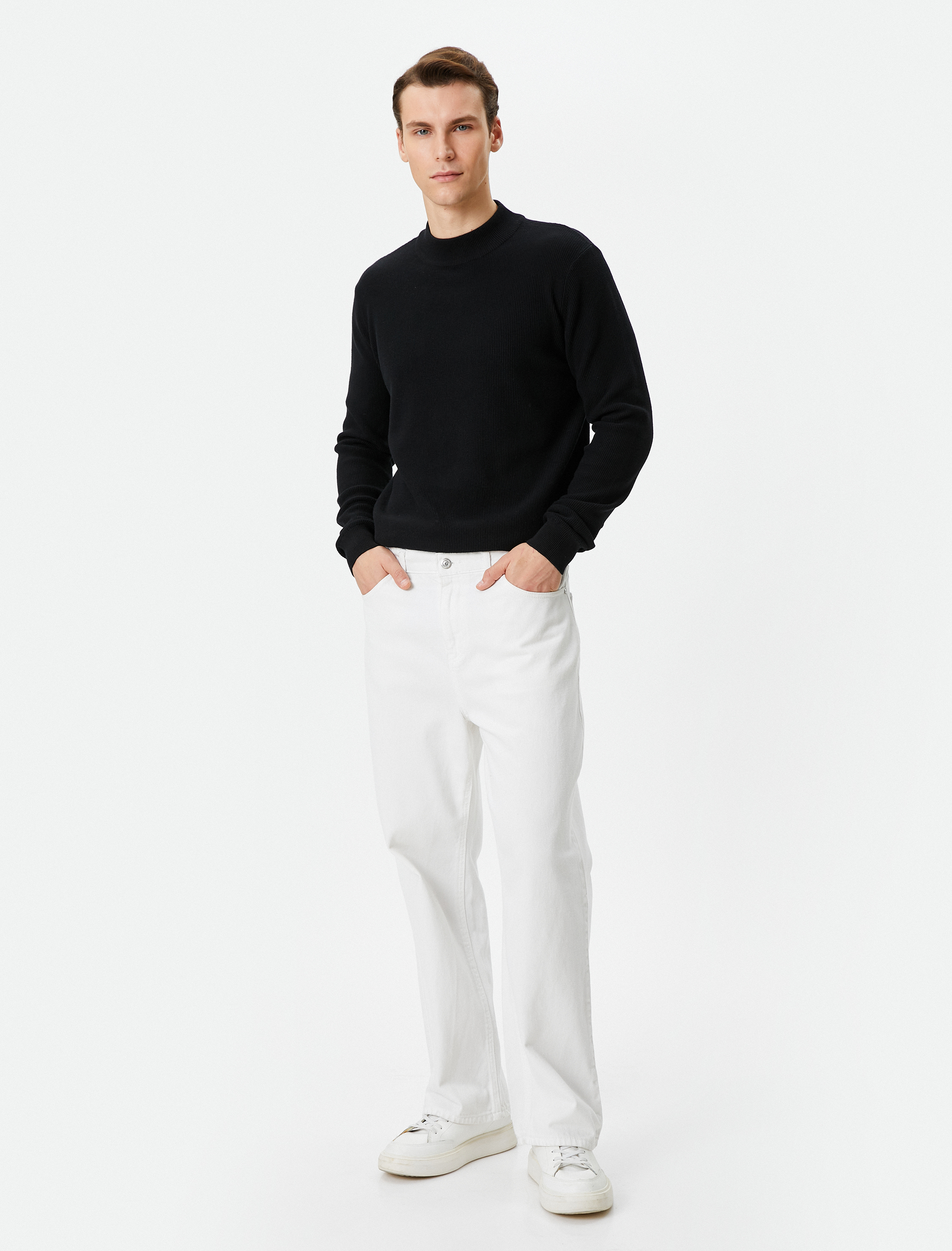   Yarım Balıkçı Yaka Kazak Triko Dokulu Uzun Kollu Pamuklu