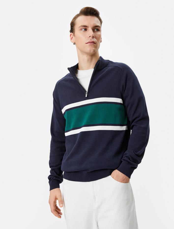  Yarım Fermuarlı Kazak Slim Fit Dik Yaka Renk Bloklu Pamuklu