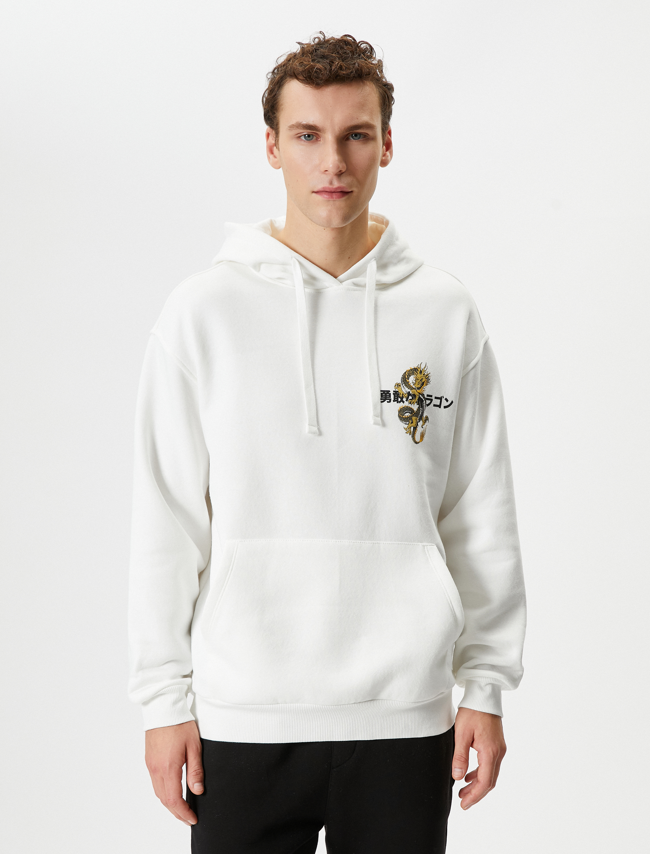 Oversize Hoodie Arkası Baskılı Uzakdoğu Temalı Kanguru Cepli Şardonlu
