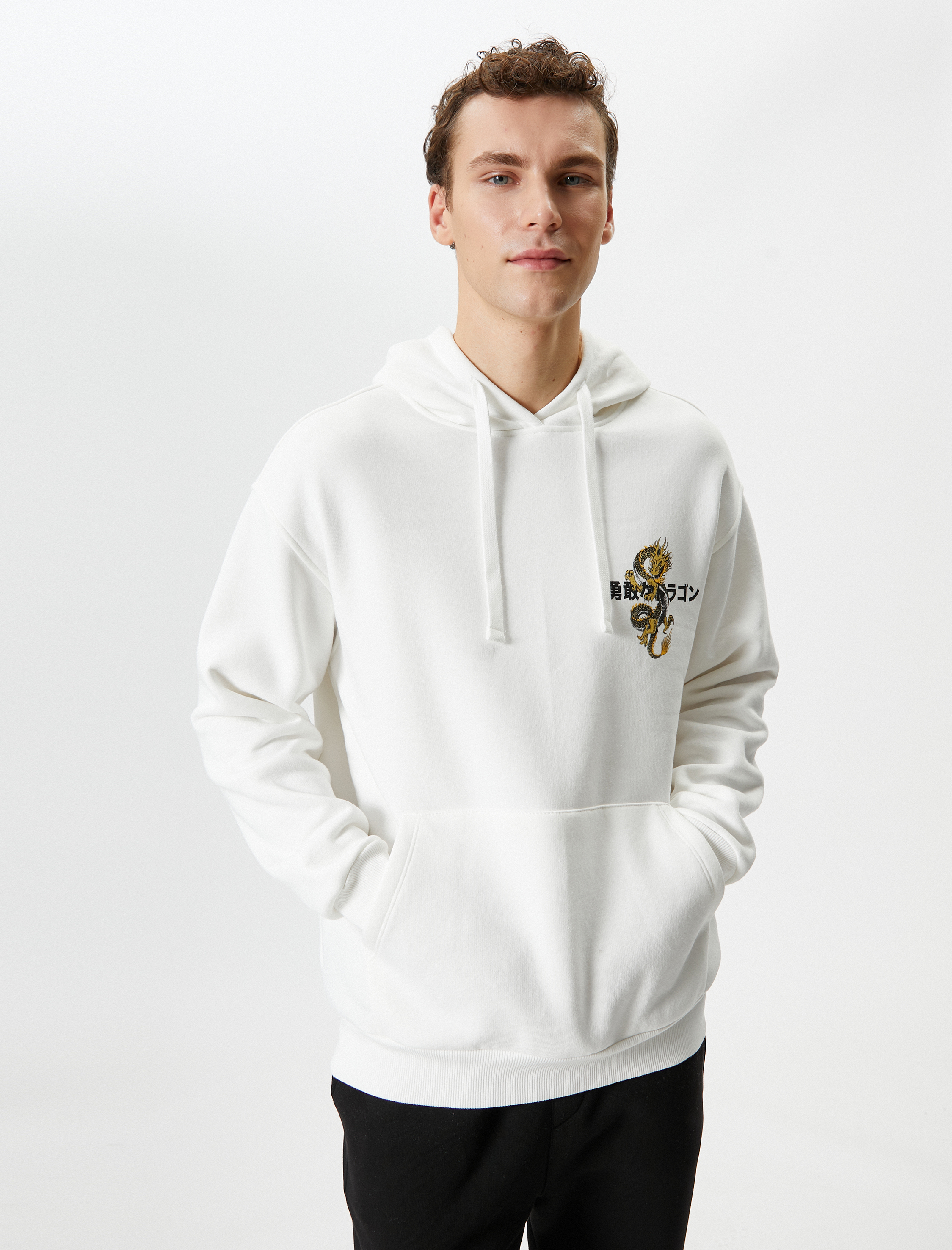 Oversize Hoodie Arkası Baskılı Uzakdoğu Temalı Kanguru Cepli Şardonlu