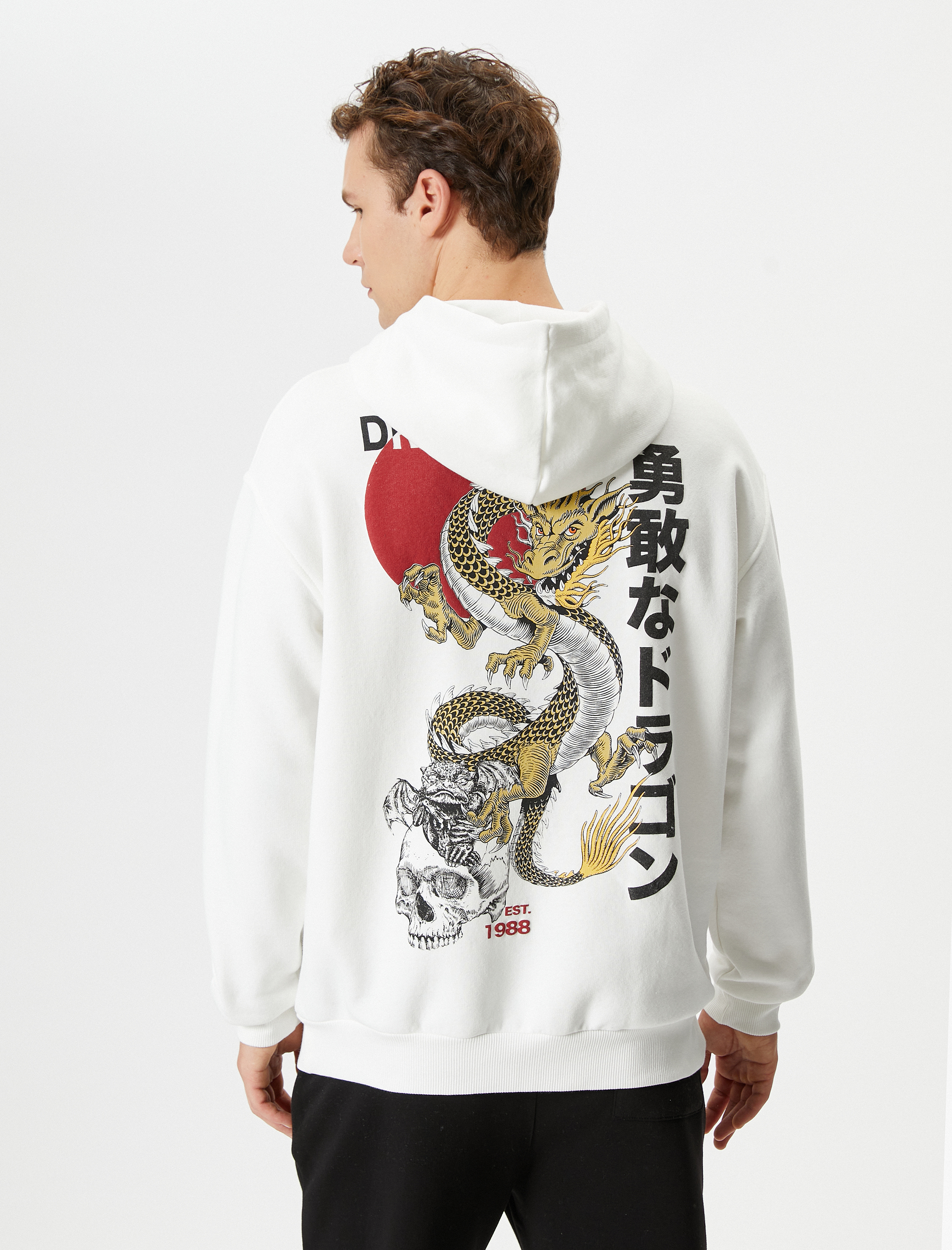 Oversize Hoodie Arkası Baskılı Uzakdoğu Temalı Kanguru Cepli Şardonlu