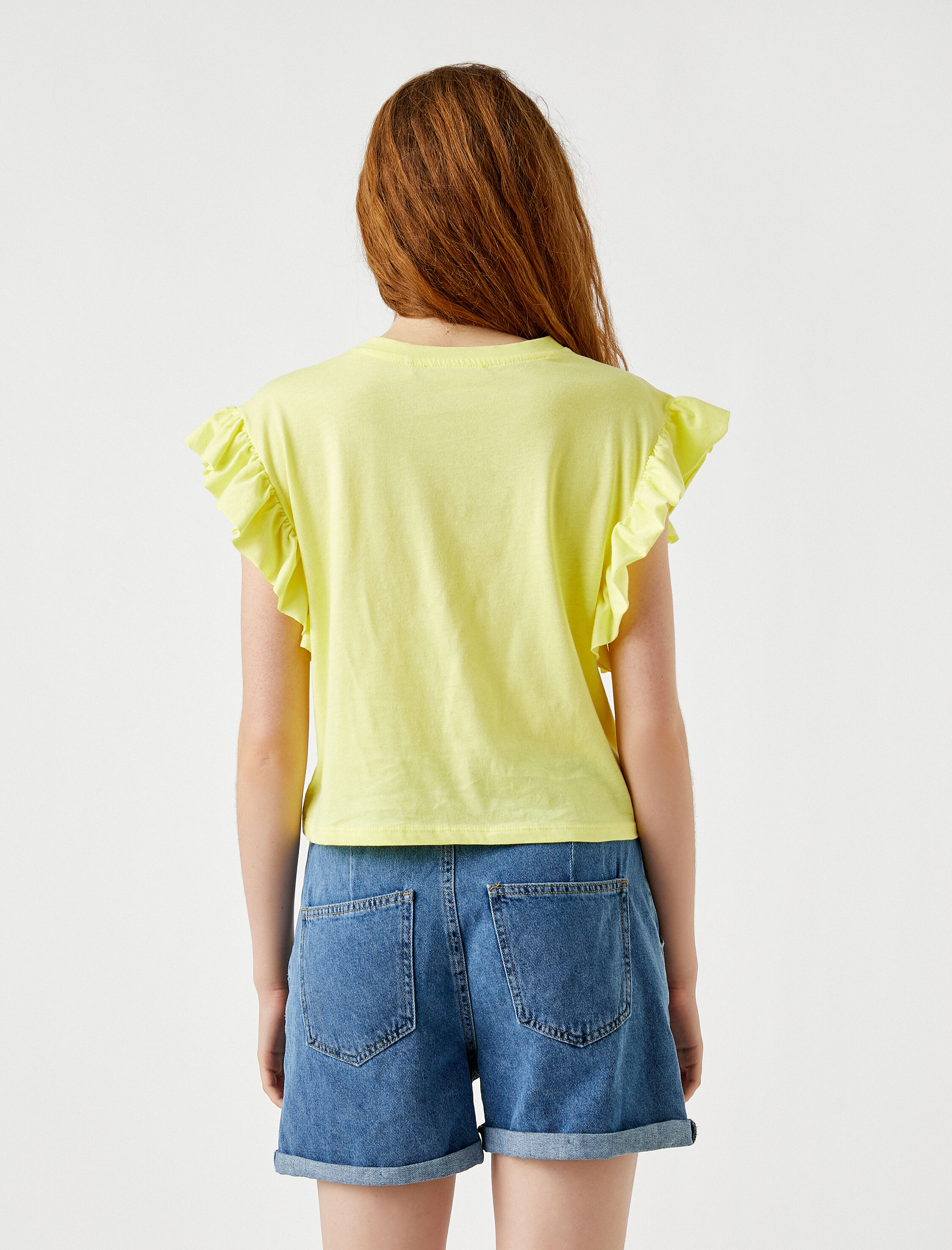   Fırfır Detaylı Kısa Kollu Tişört Pamuklu