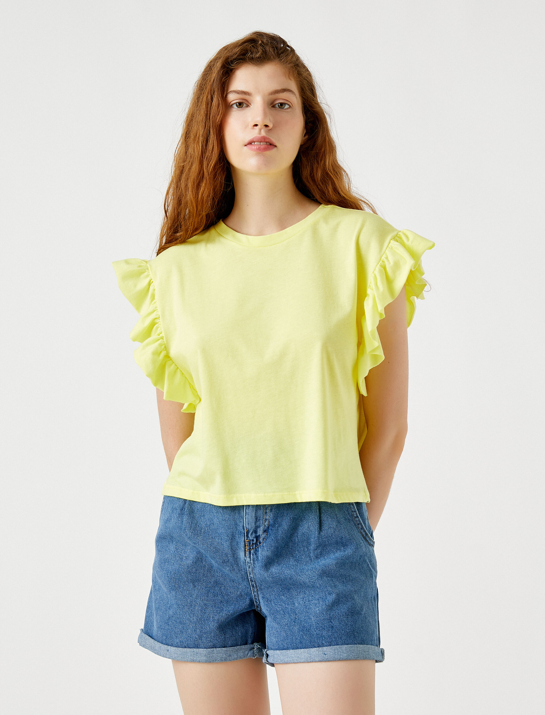   Fırfır Detaylı Kısa Kollu Tişört Pamuklu