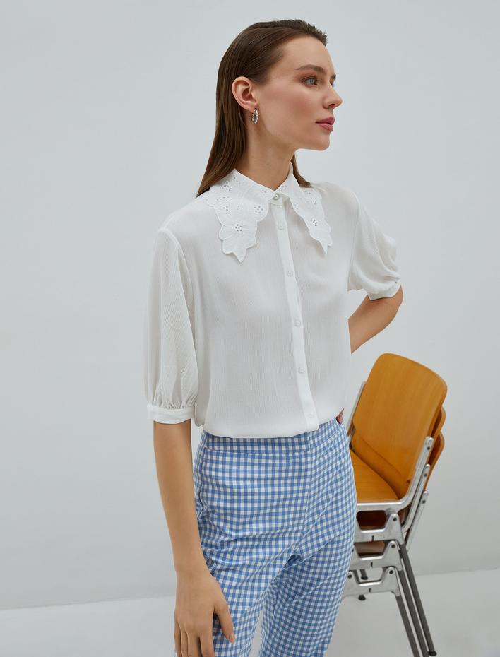  Dantel Yaka Gömlek Yarım Balon Kollu