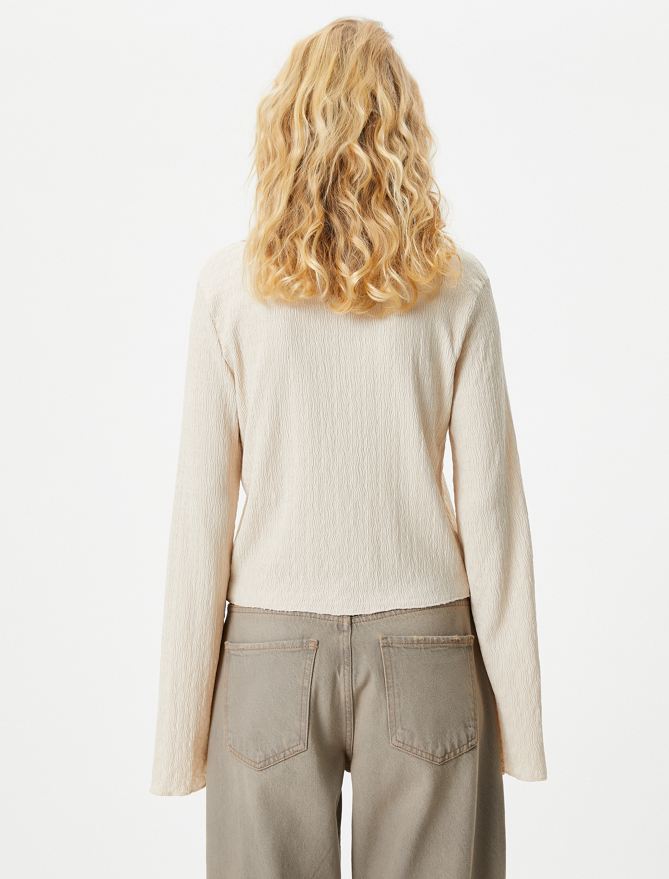   Uzun Kollu Tişört Gömlek Yaka Düğmeli Bürümcük