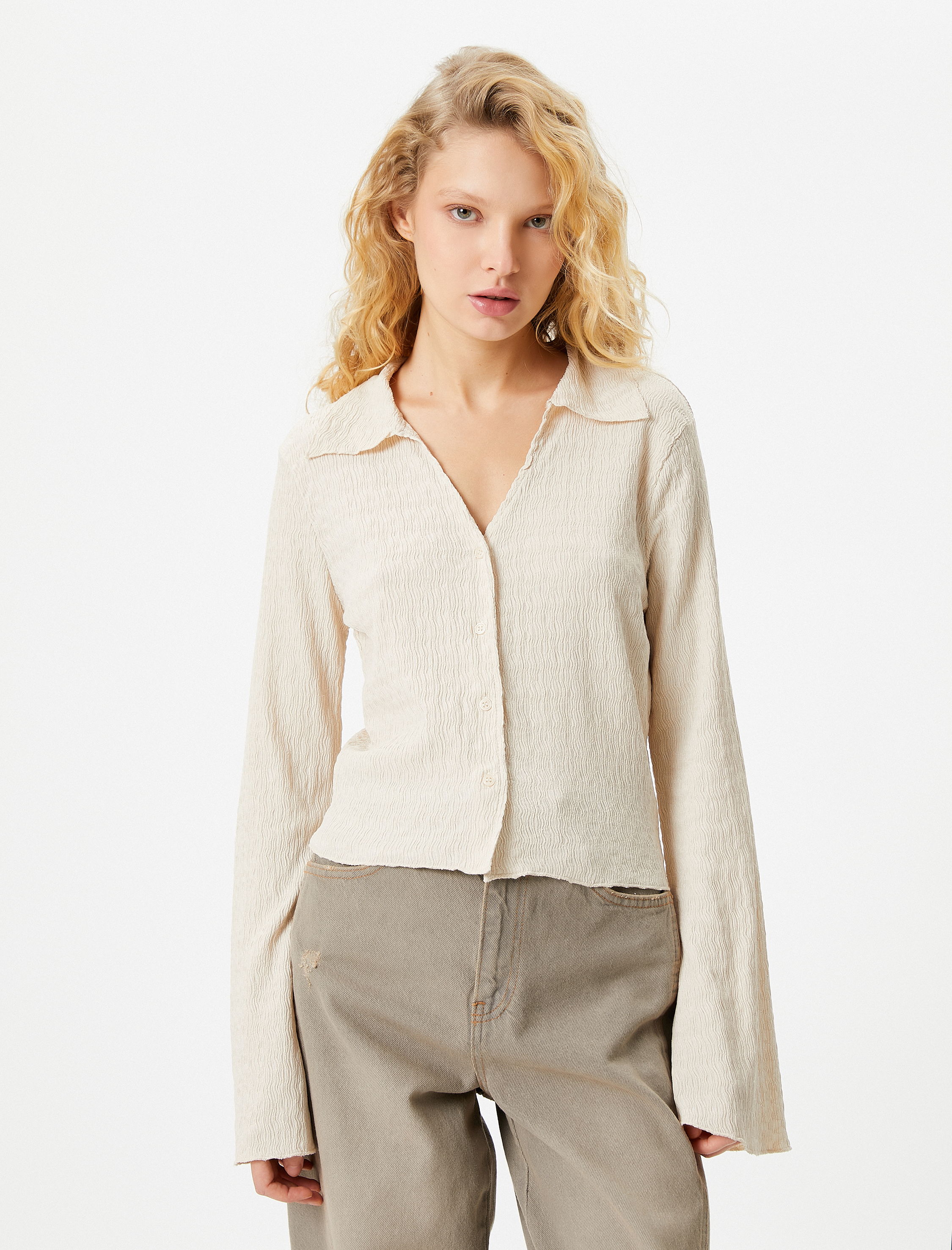   Uzun Kollu Tişört Gömlek Yaka Düğmeli Bürümcük