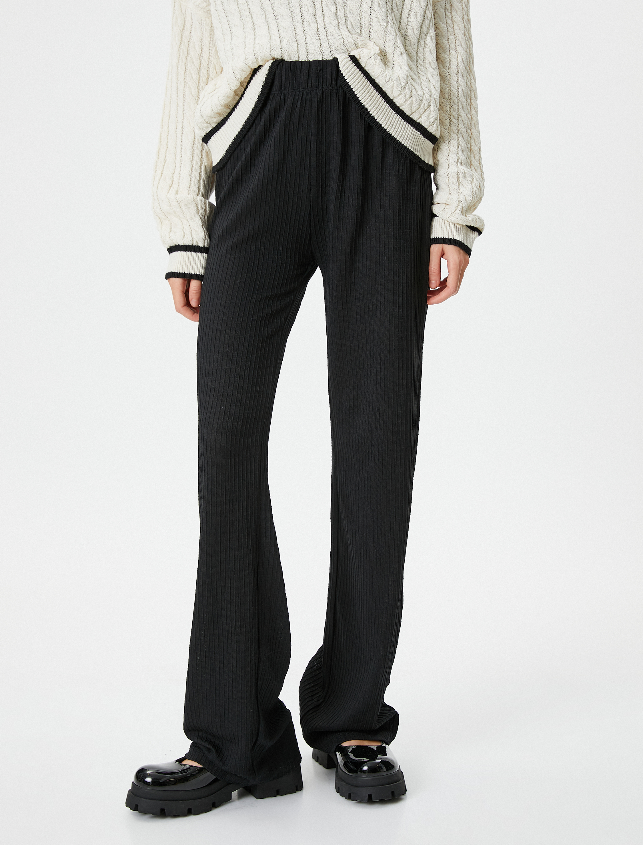   Pantolon Yüksek Bel Rahat Kalıp Dokulu Normal Paça