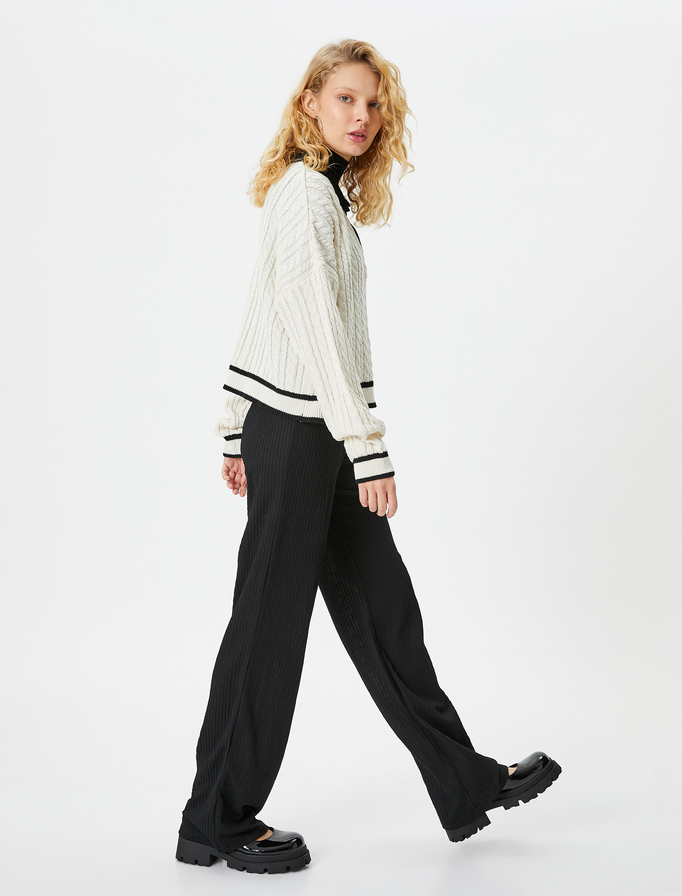   Pantolon Yüksek Bel Rahat Kalıp Dokulu Normal Paça