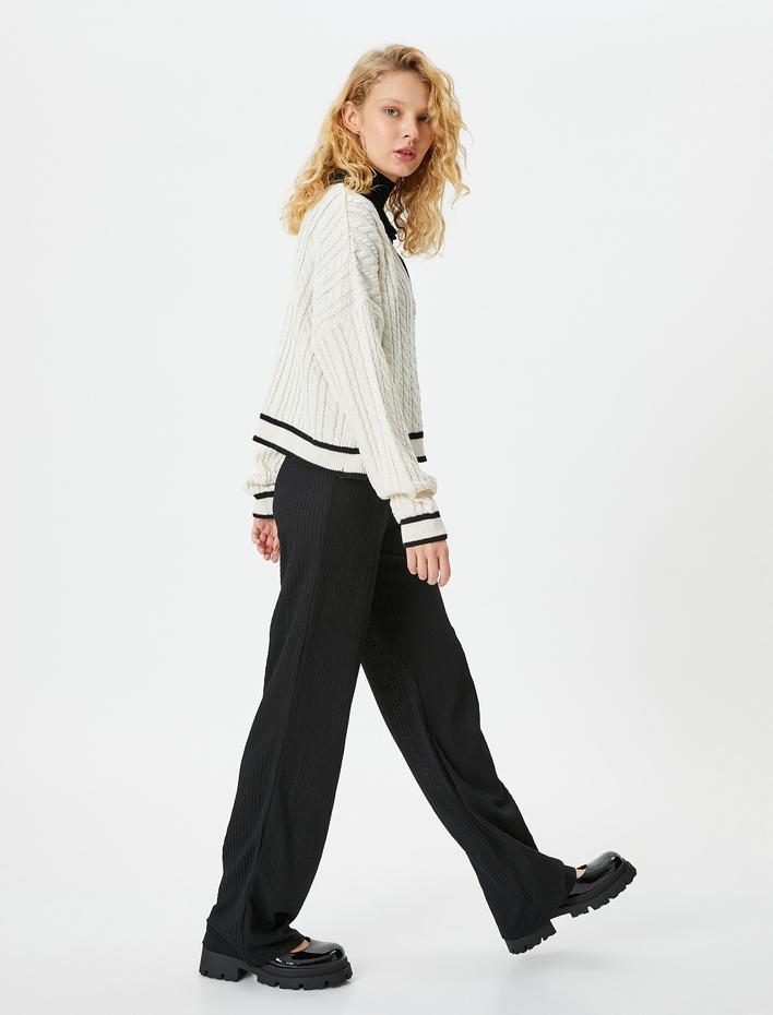  Pantolon Yüksek Bel Rahat Kalıp Dokulu Normal Paça