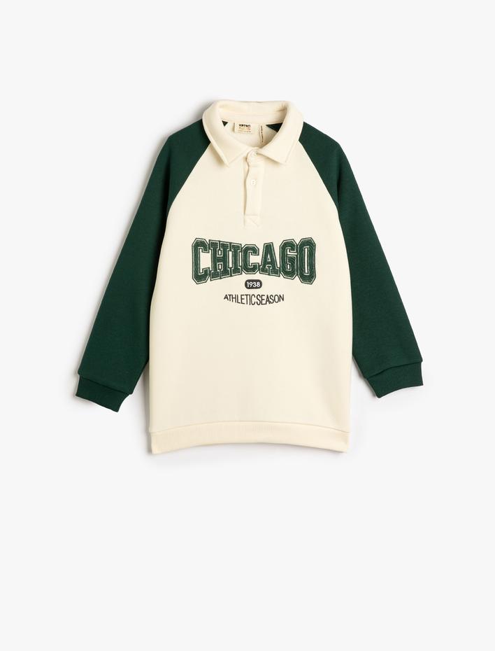 Erkek Çocuk Sweatshirt Polo Yaka Düğme Kapamalı Baskılı Renk Bloklu Şardonlu