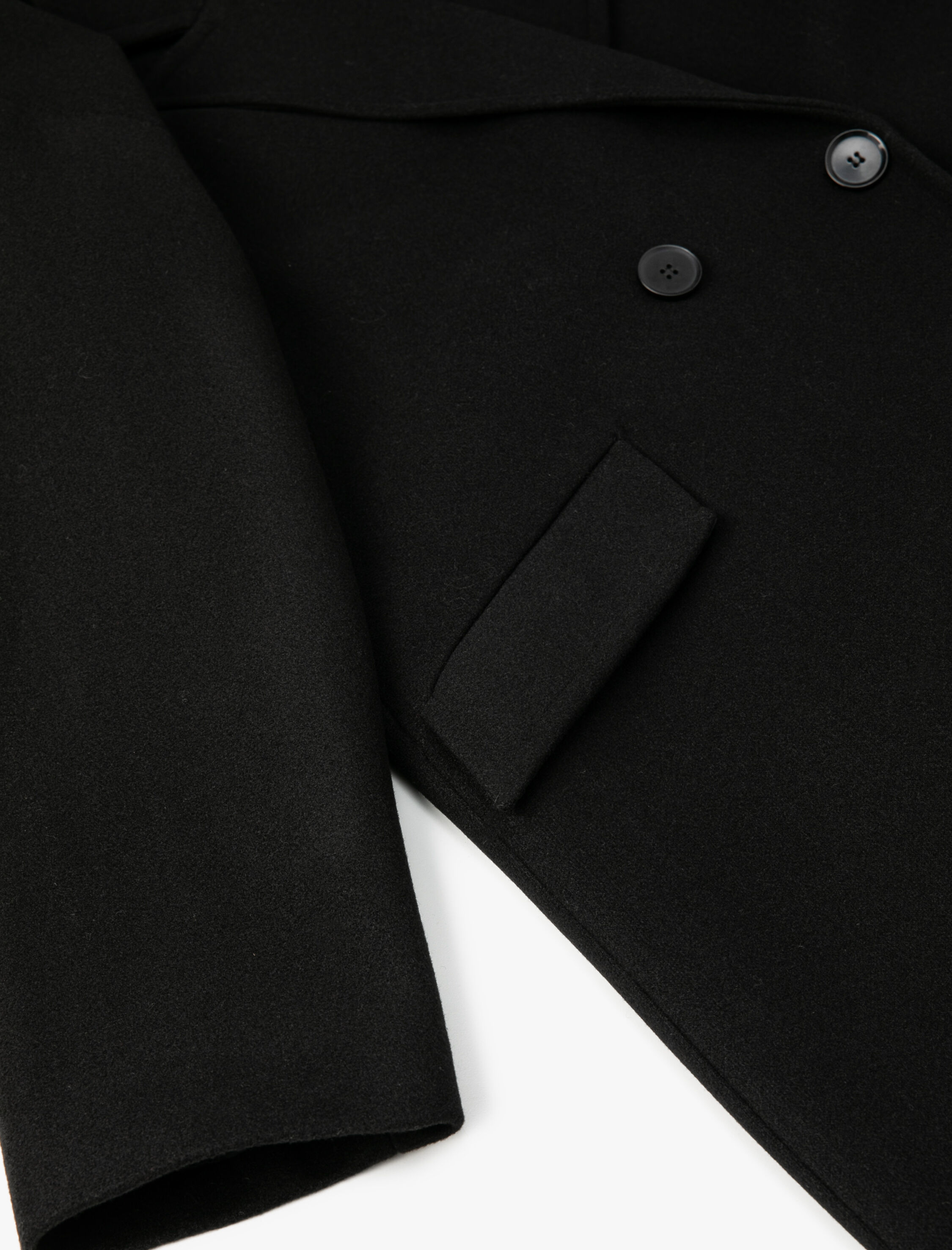   Uzun Kaşe Kaban Düğmeli Kruvaze Cep Detaylı