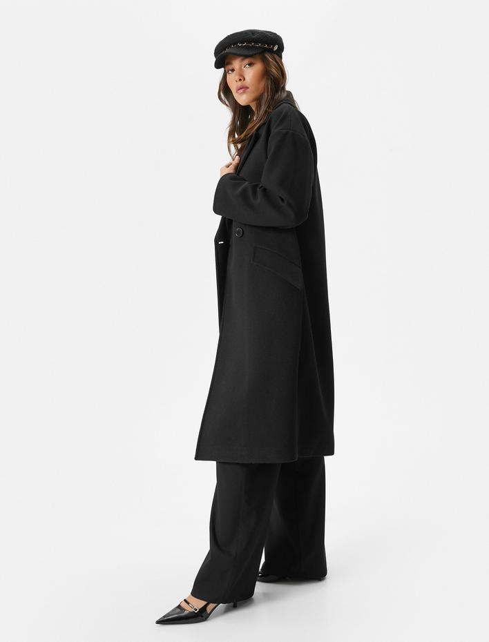  Uzun Kaşe Kaban Düğmeli Kruvaze Cep Detaylı