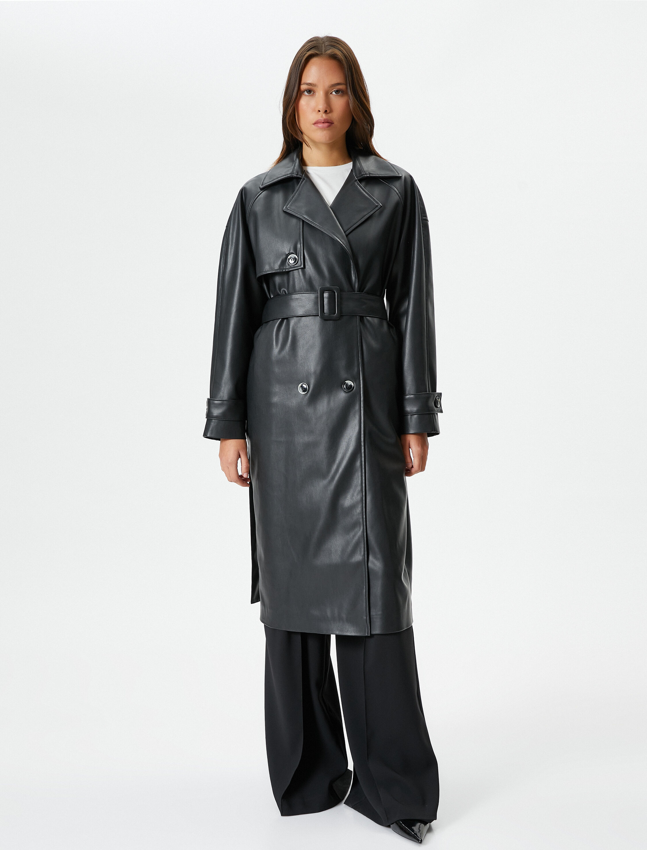   Suni Deri Trençkot Kemerli Düğmeli Kruvaze