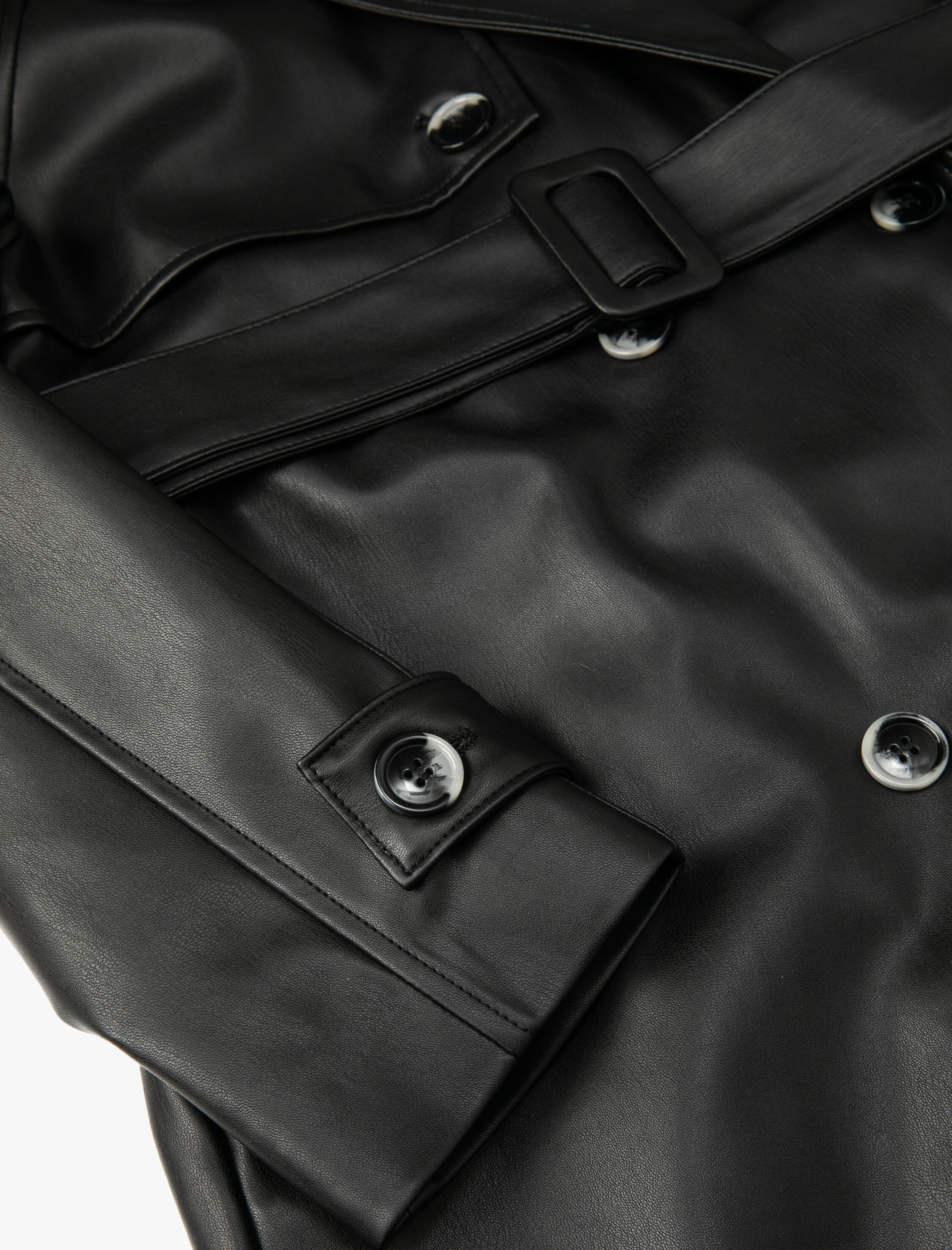   Suni Deri Trençkot Kemerli Düğmeli Kruvaze