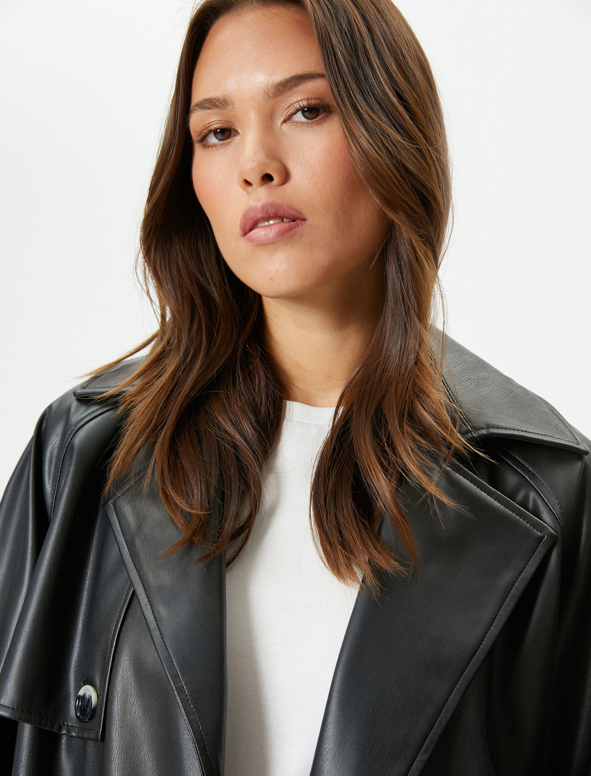   Suni Deri Trençkot Kemerli Düğmeli Kruvaze