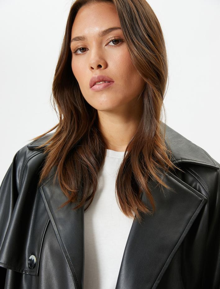  Suni Deri Trençkot Kemerli Düğmeli Kruvaze