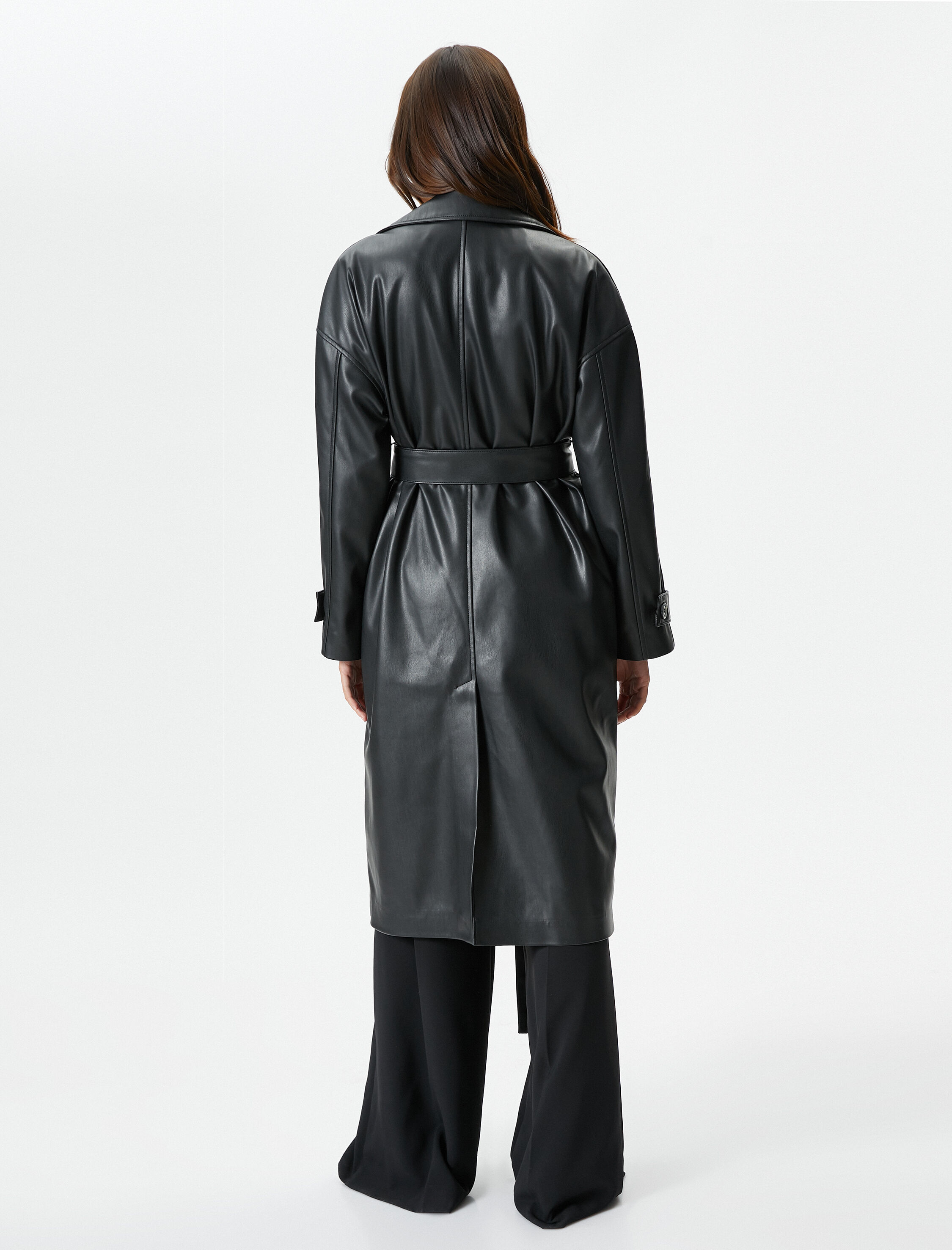   Suni Deri Trençkot Kemerli Düğmeli Kruvaze