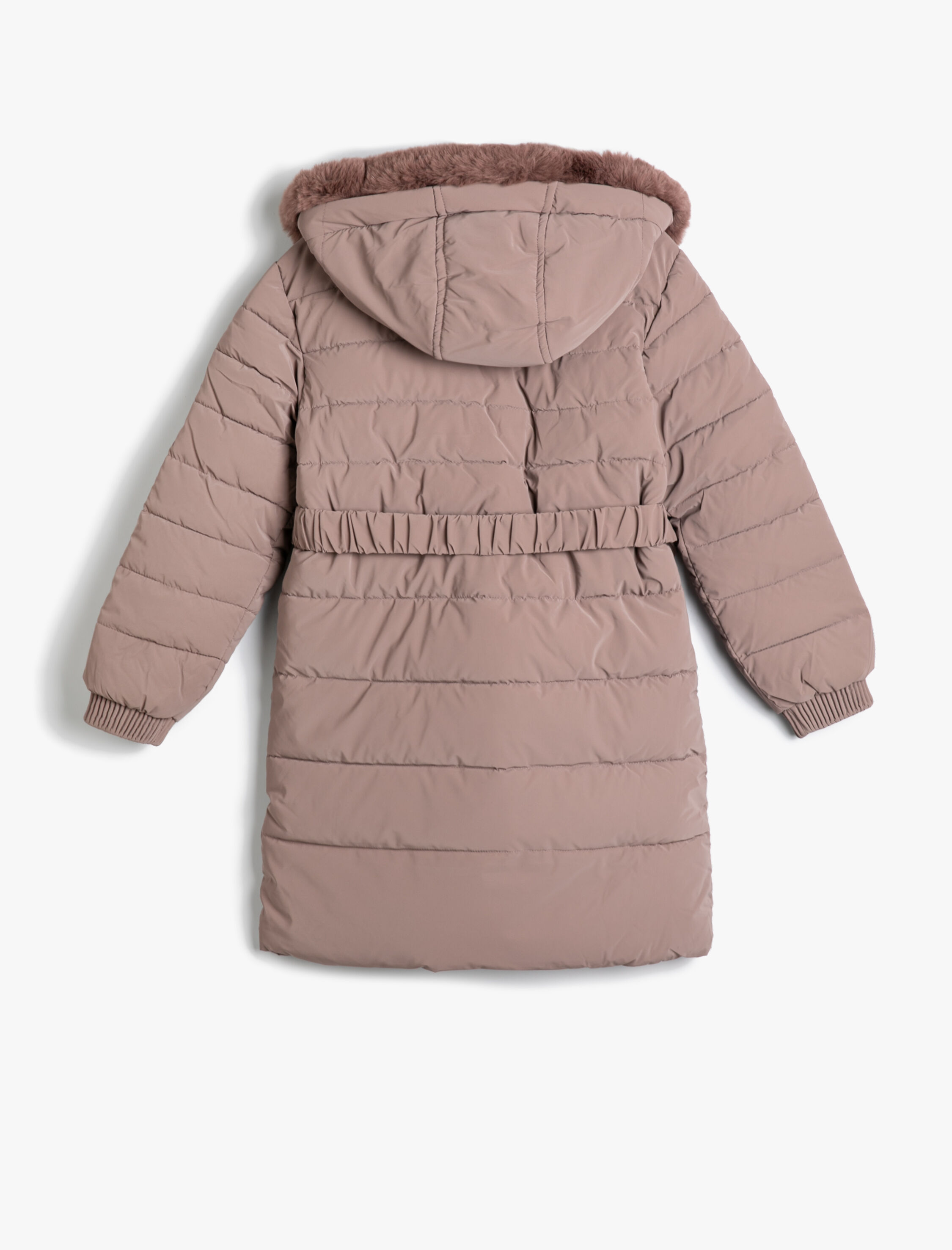 Kız Çocuk Uzun Şişme Mont Peluş Kapşonlu Kemer Detaylı Cepli