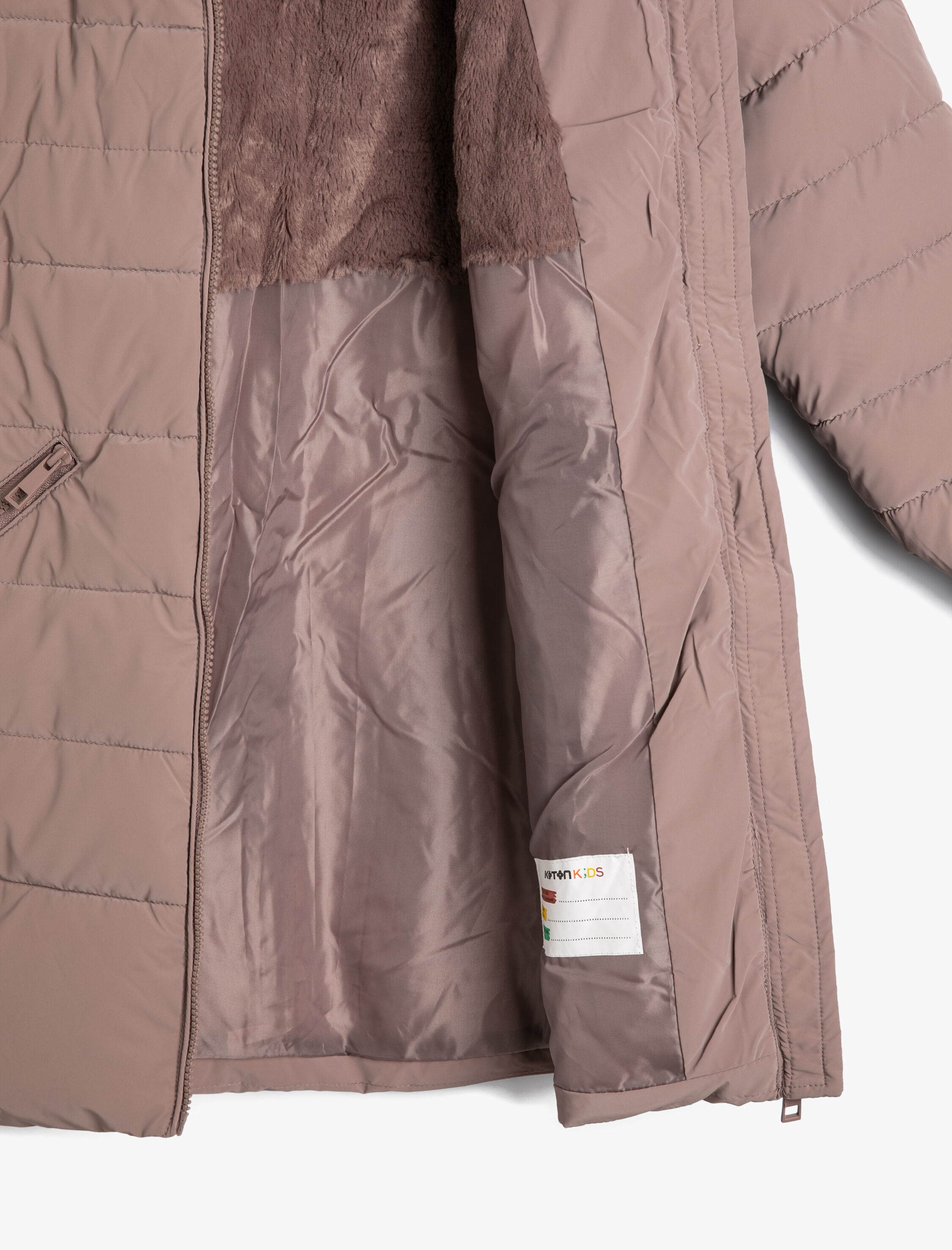 Kız Çocuk Uzun Şişme Mont Peluş Kapşonlu Kemer Detaylı Cepli