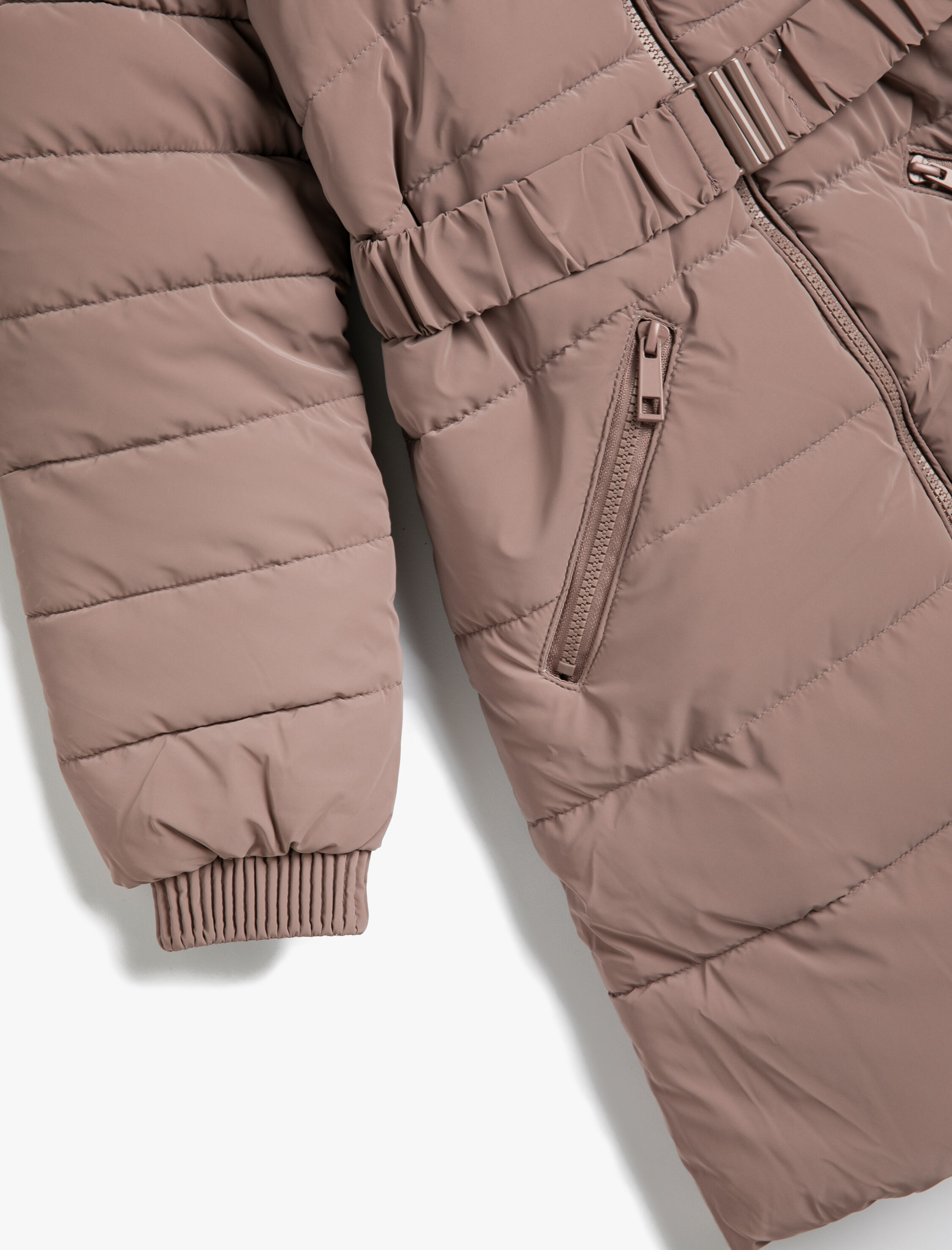 Kız Çocuk Uzun Şişme Mont Peluş Kapşonlu Kemer Detaylı Cepli