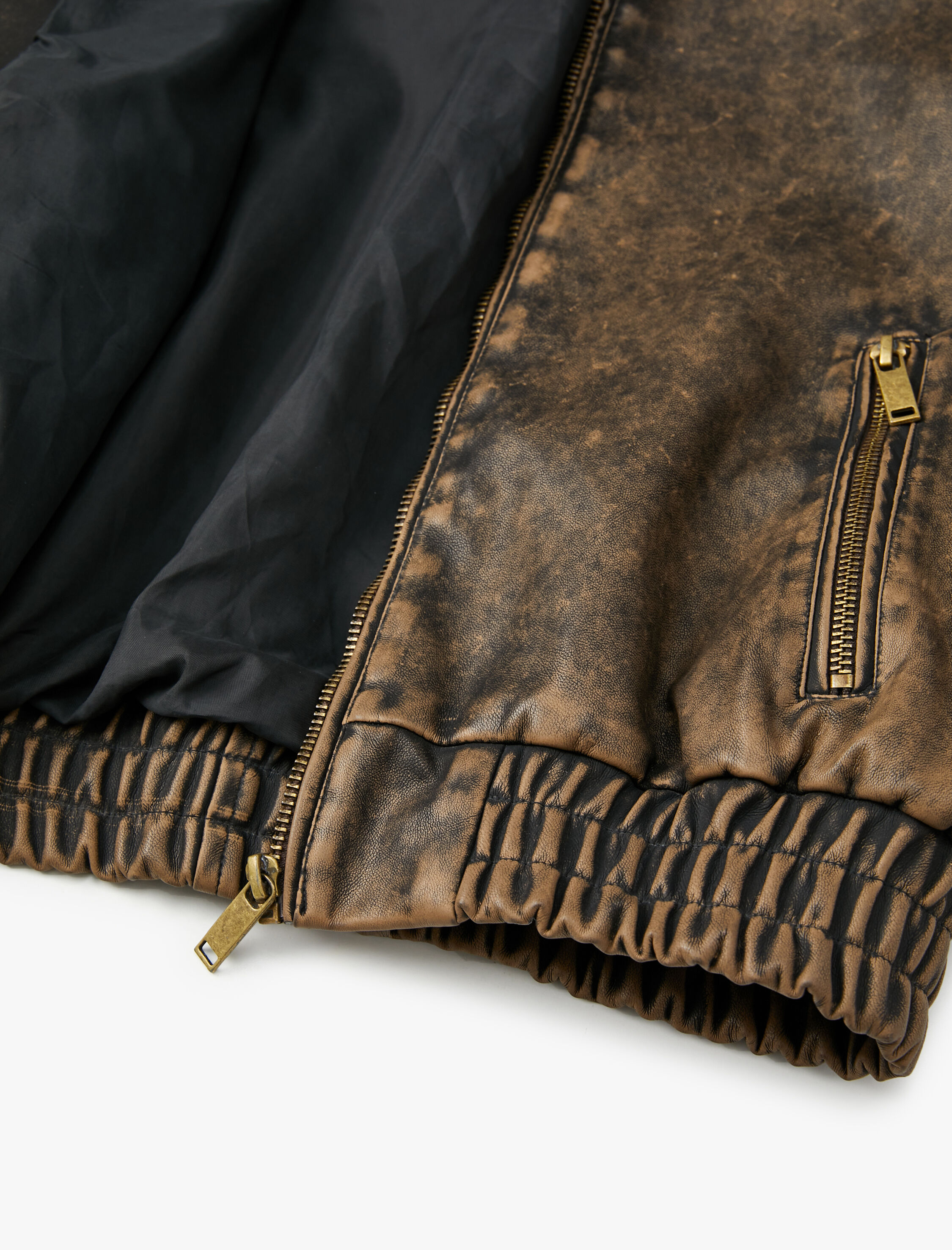   Suni Deri Ceket Eskitme Efektli Fermuarlı Gömlek Yaka