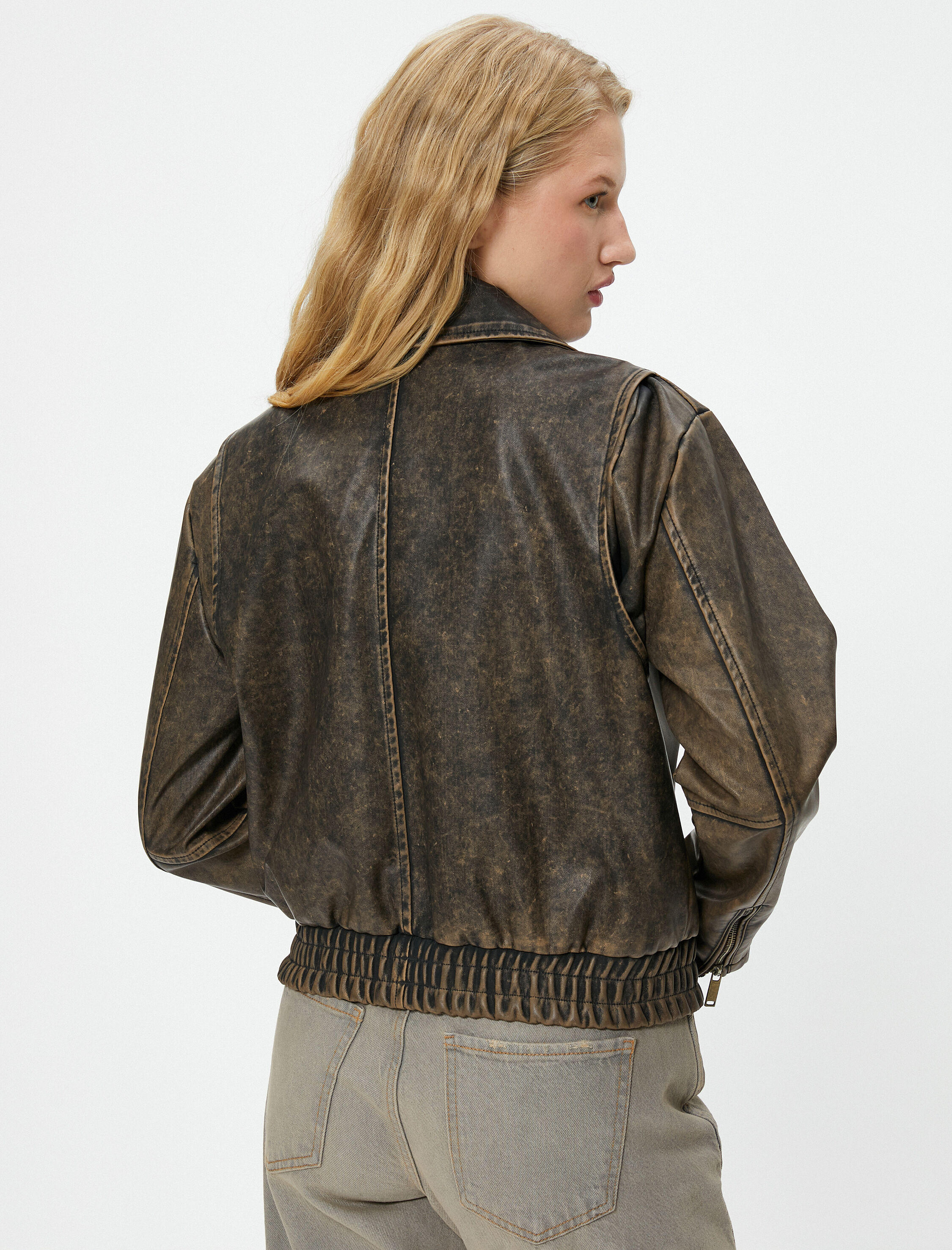   Suni Deri Ceket Eskitme Efektli Fermuarlı Gömlek Yaka