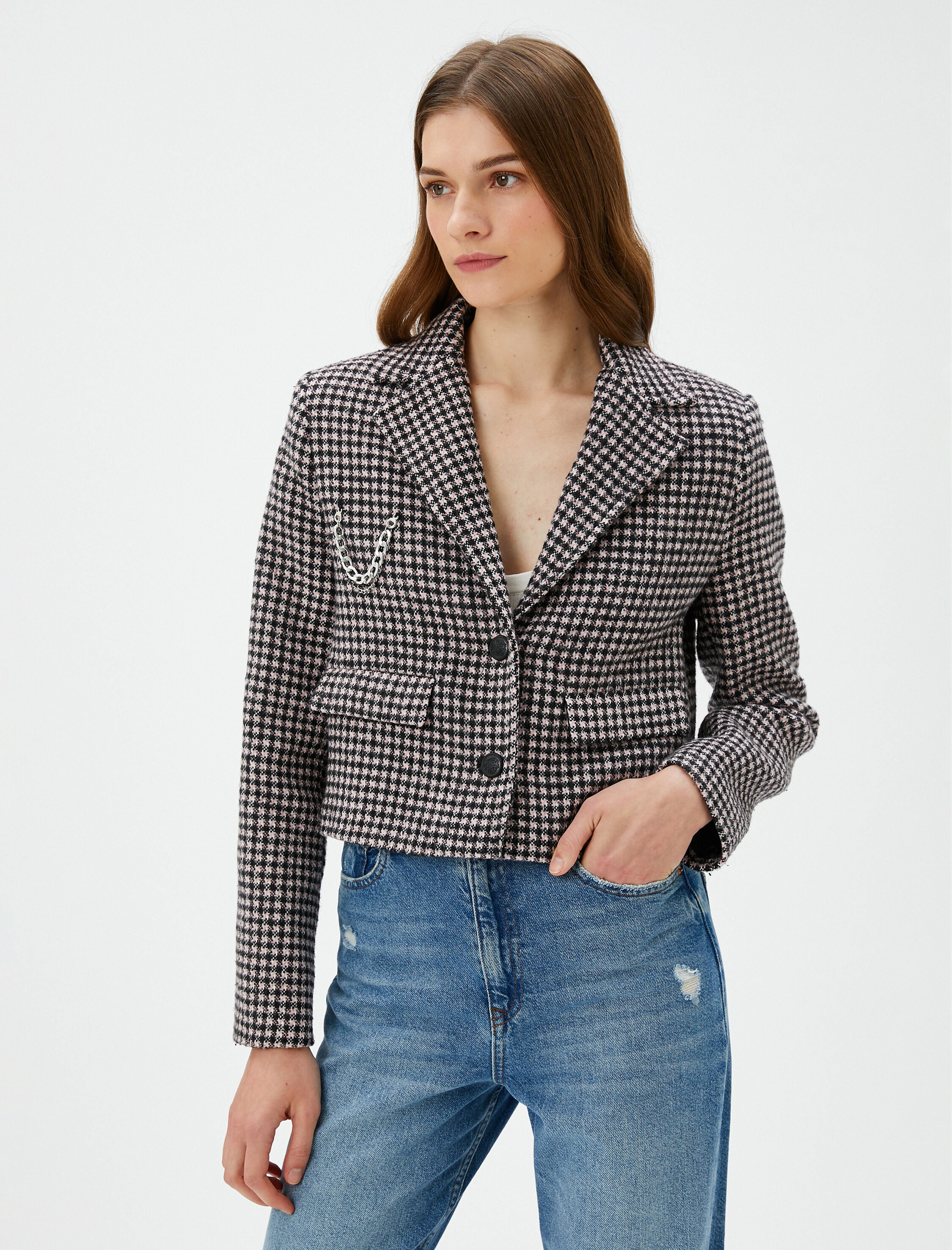 Crop Tüvit Blazer Ceket Cepli Düğmeli Zincir Detaylı