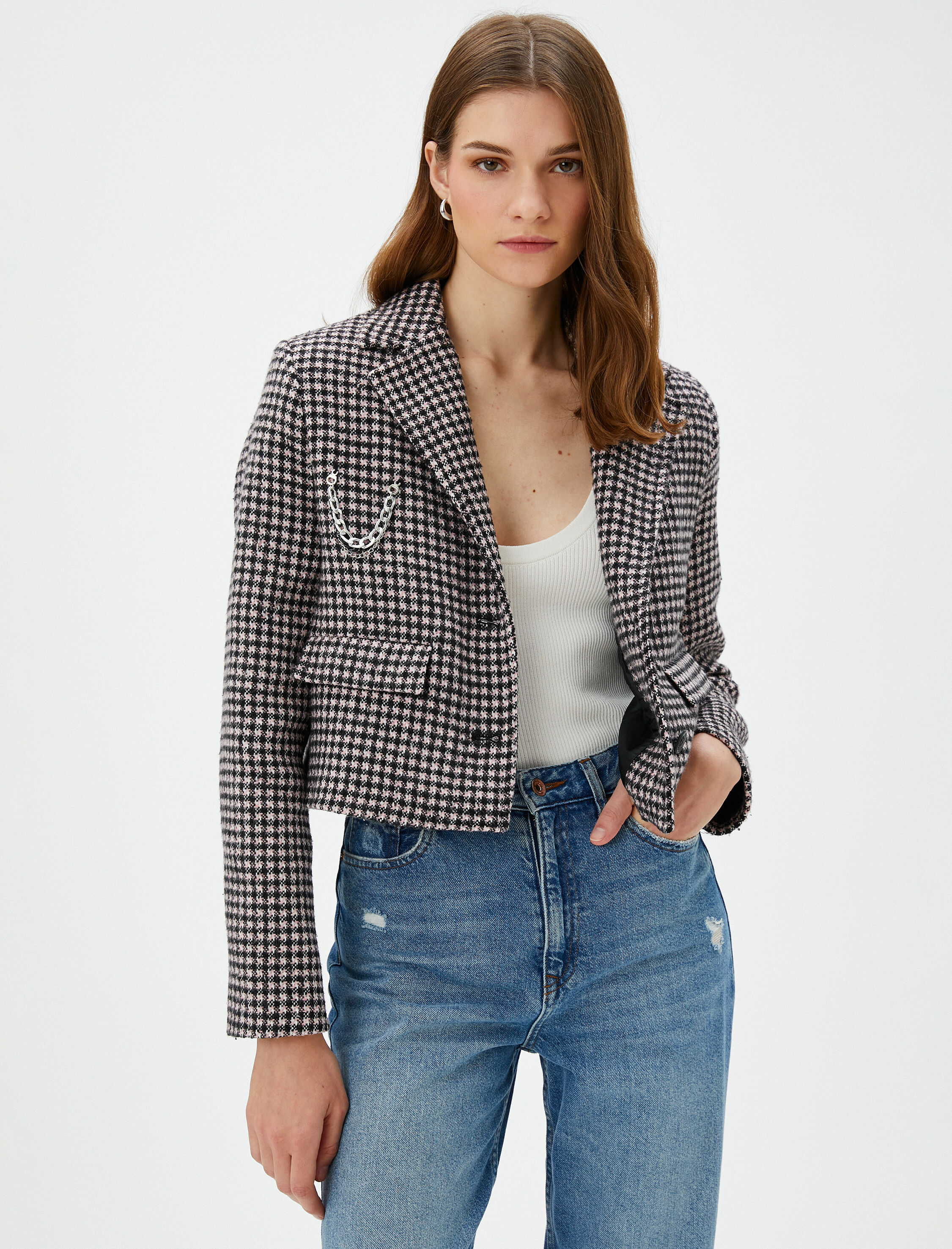 Crop Tüvit Blazer Ceket Cepli Düğmeli Zincir Detaylı