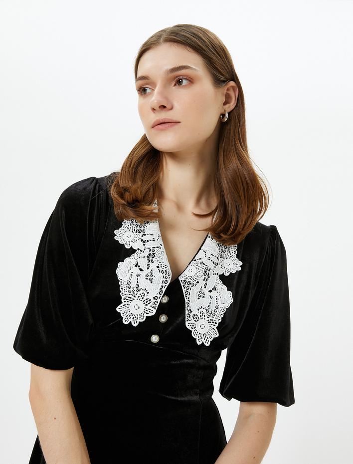  Midi Kadife Elbise Düğmeli Dantelli Vintage Görünümlü