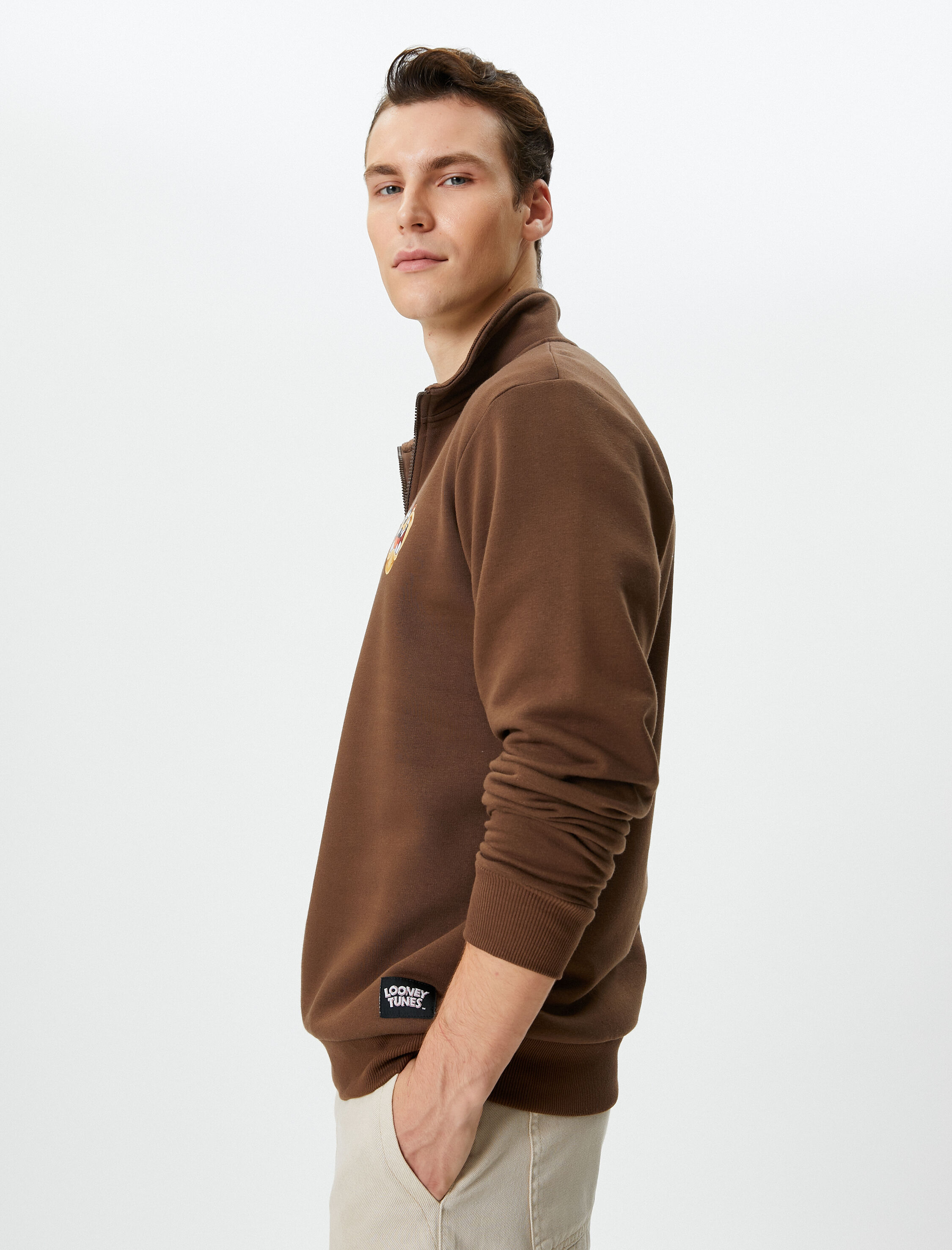   Tazmanya Canavarı Sweatshirt Yarım Fermuarlı Lisanslı Baskılı Şardonlu