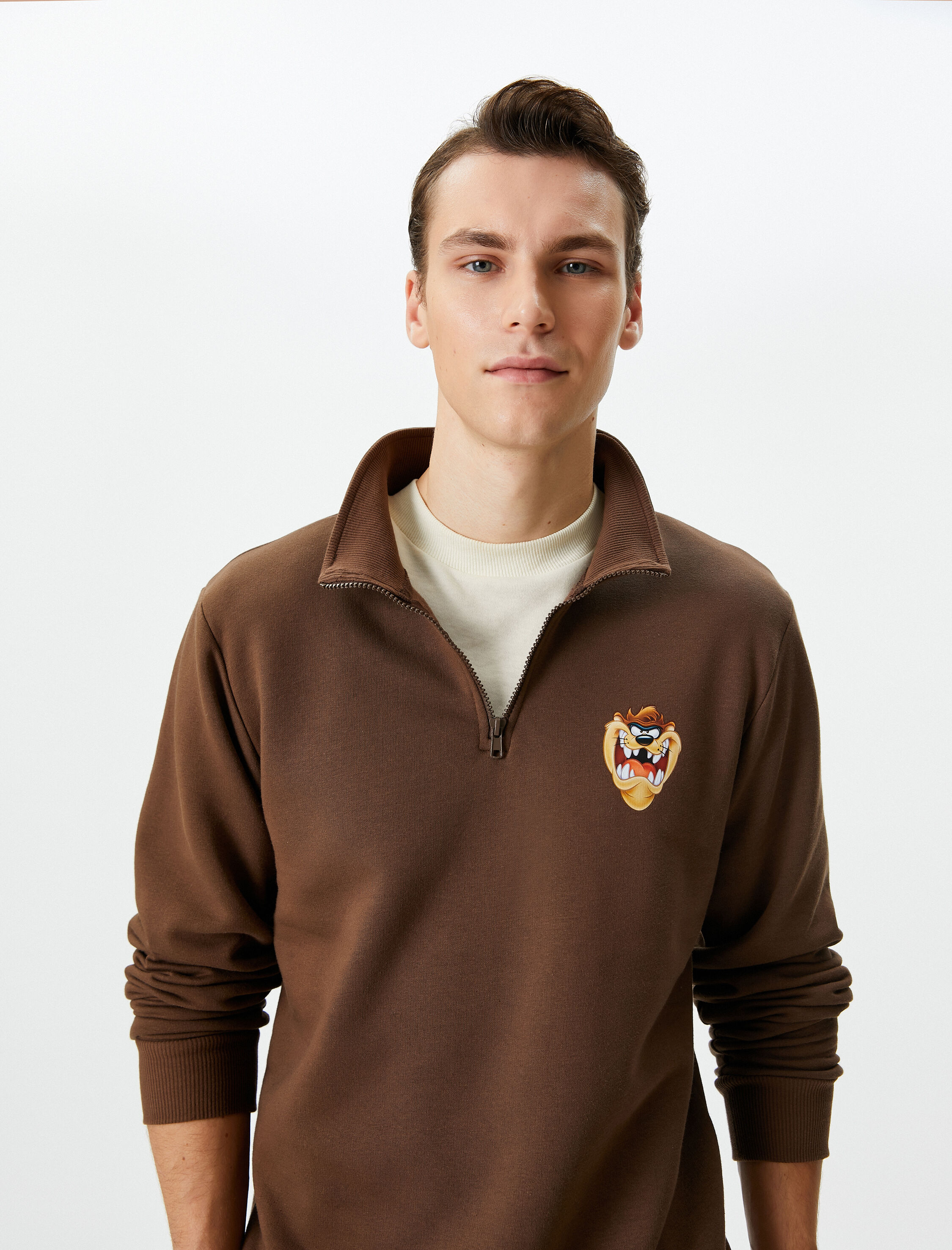   Tazmanya Canavarı Sweatshirt Yarım Fermuarlı Lisanslı Baskılı Şardonlu