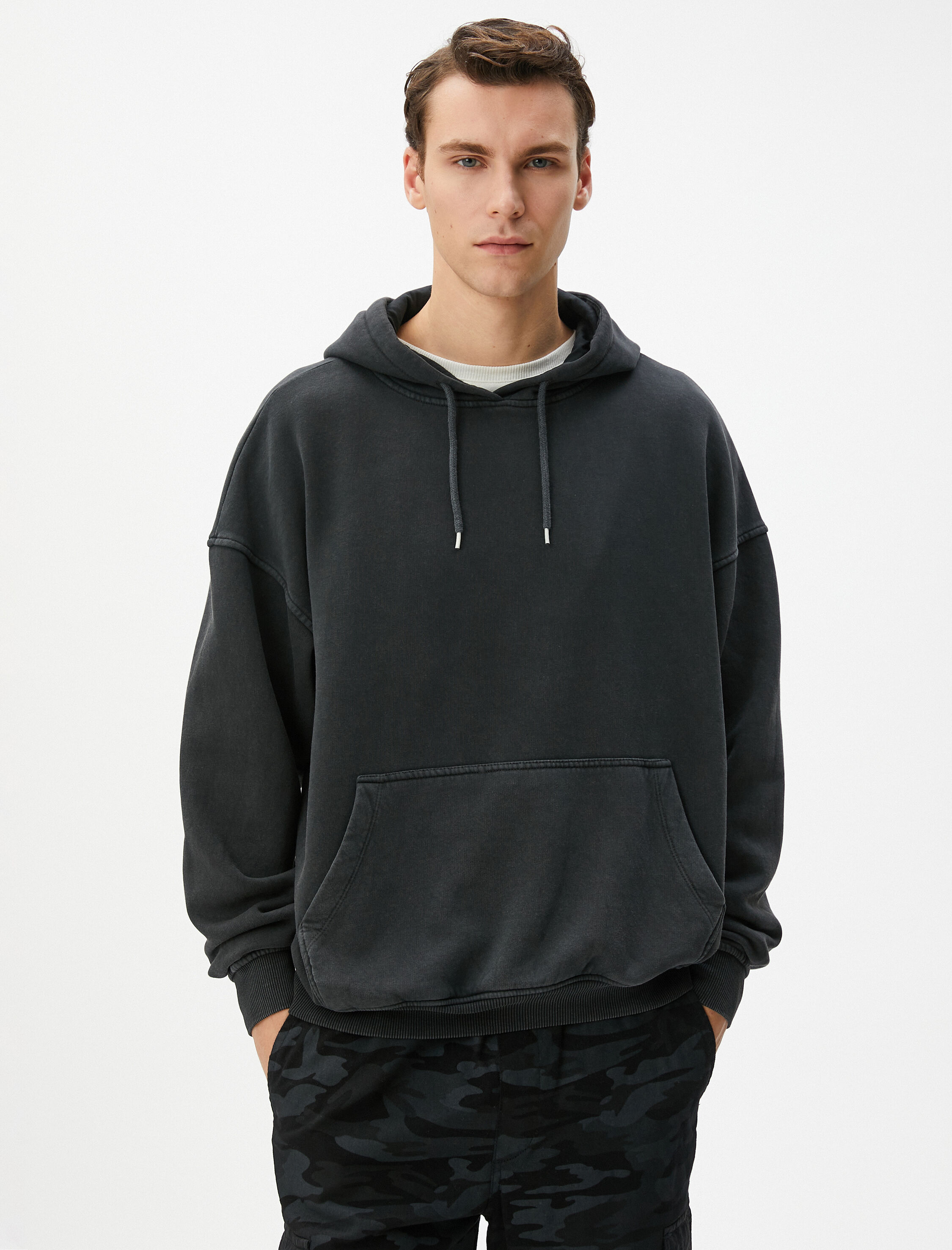   Oversize Sweatshirt Yıkamalı Kapşonlu Kanguru Cepli Şardonlu