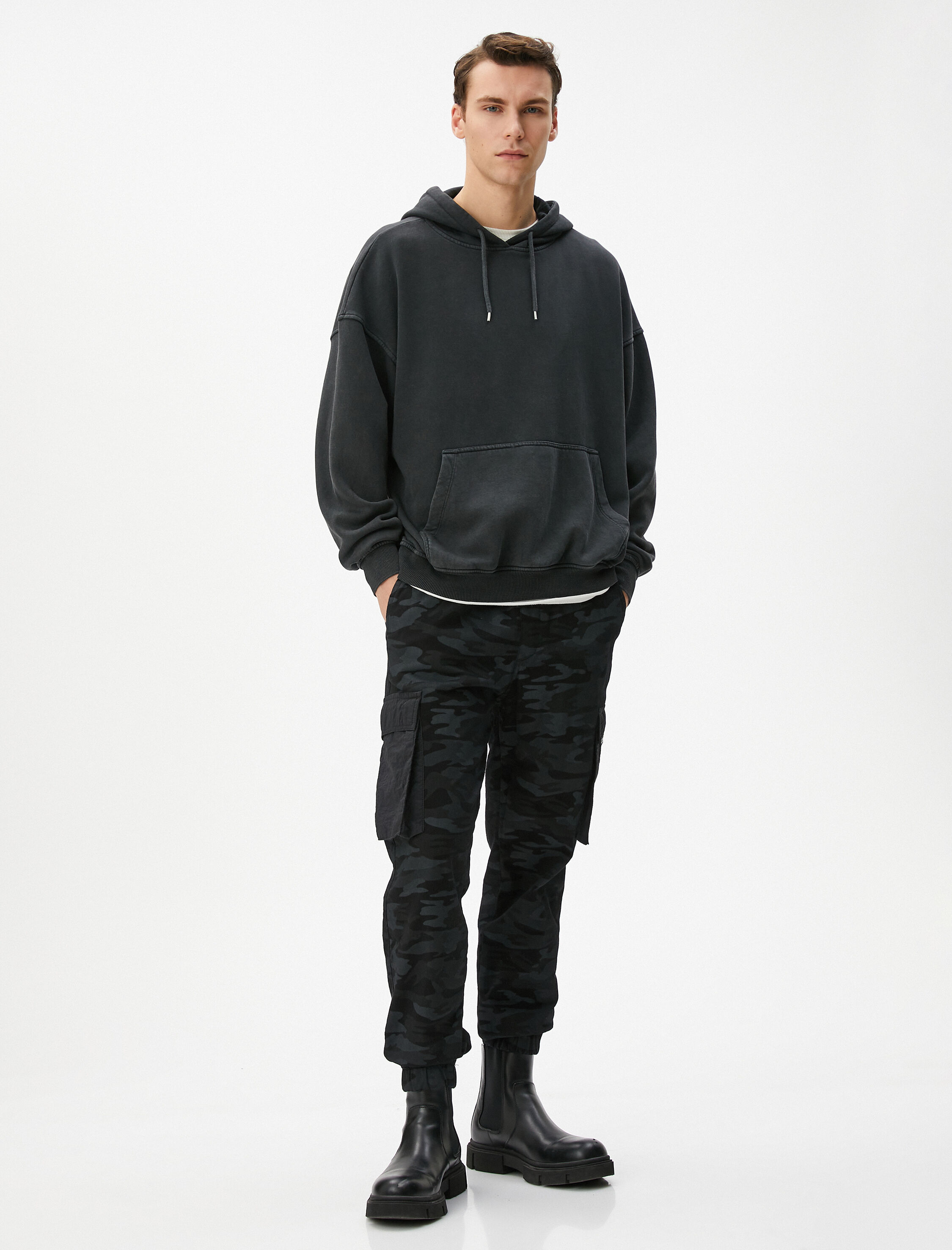   Oversize Sweatshirt Yıkamalı Kapşonlu Kanguru Cepli Şardonlu