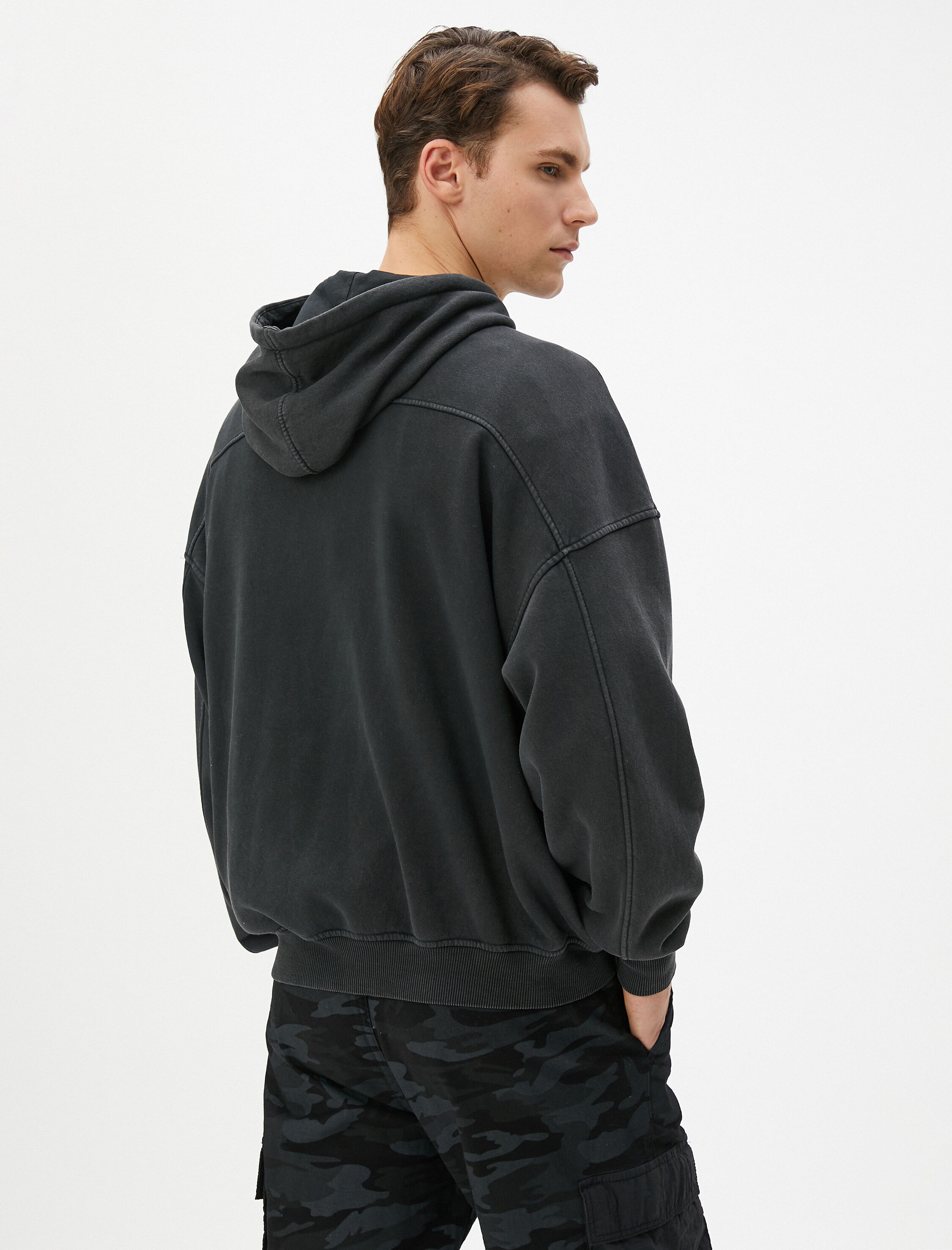   Oversize Sweatshirt Yıkamalı Kapşonlu Kanguru Cepli Şardonlu