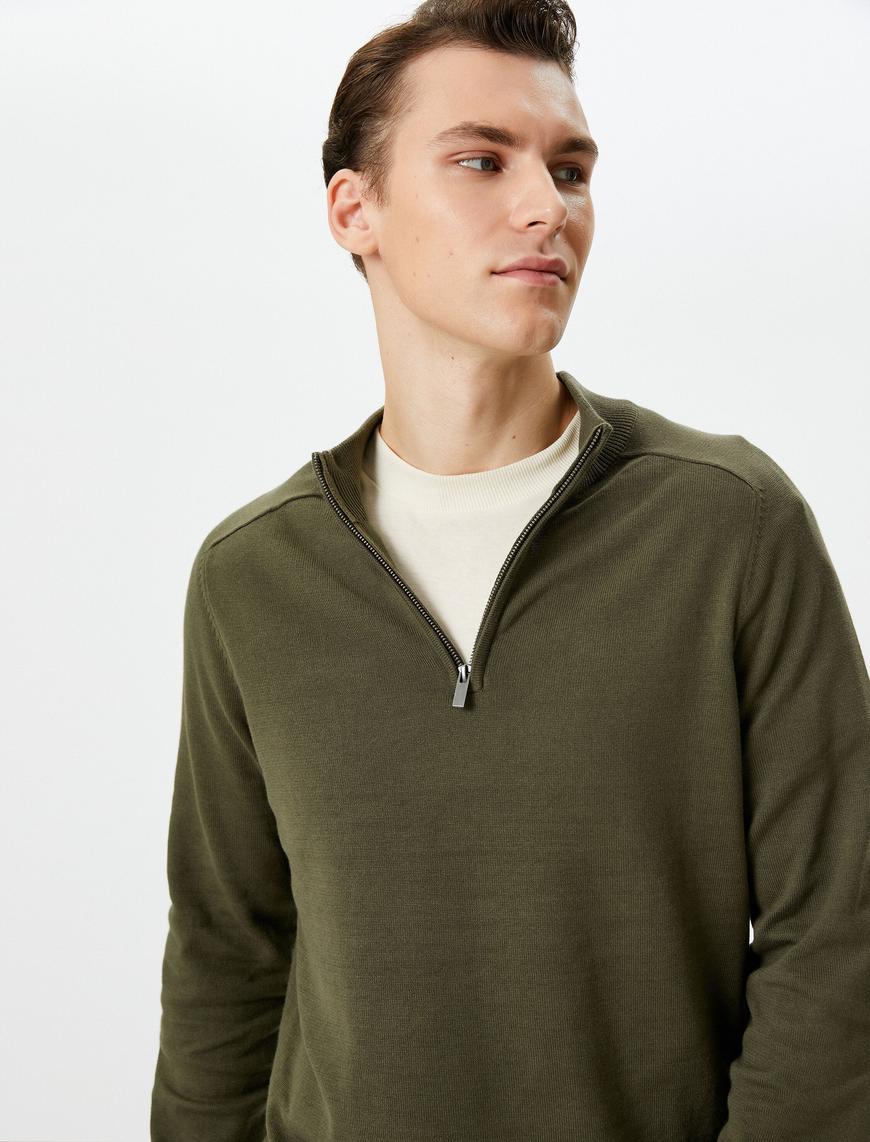   Yarım Fermuarlı Kazak Triko Dik Yaka Slim Fit Pamuklu