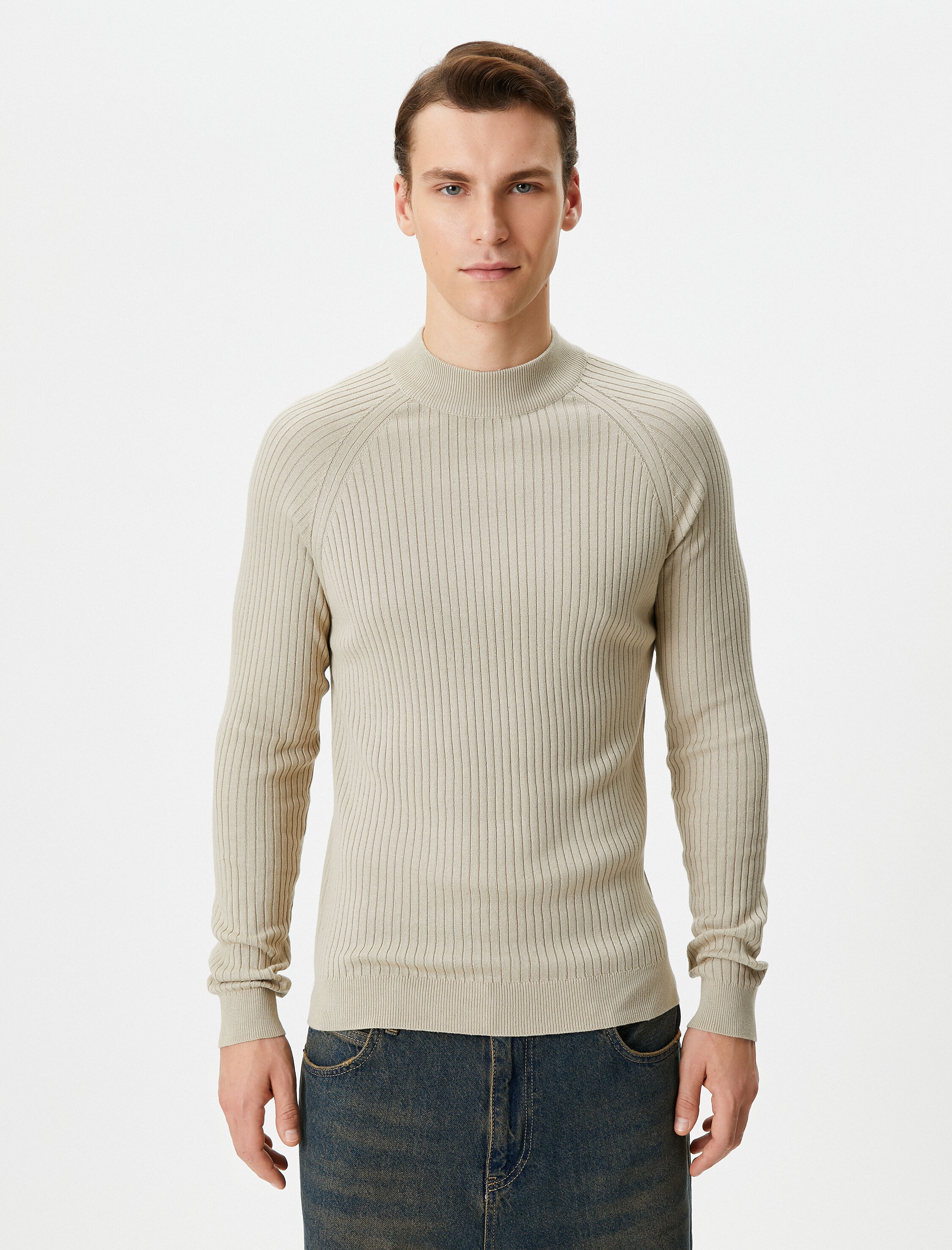 Slim Fit Kazak Triko Yarım Balıkçı Yaka Reglan Kollu Dokulu