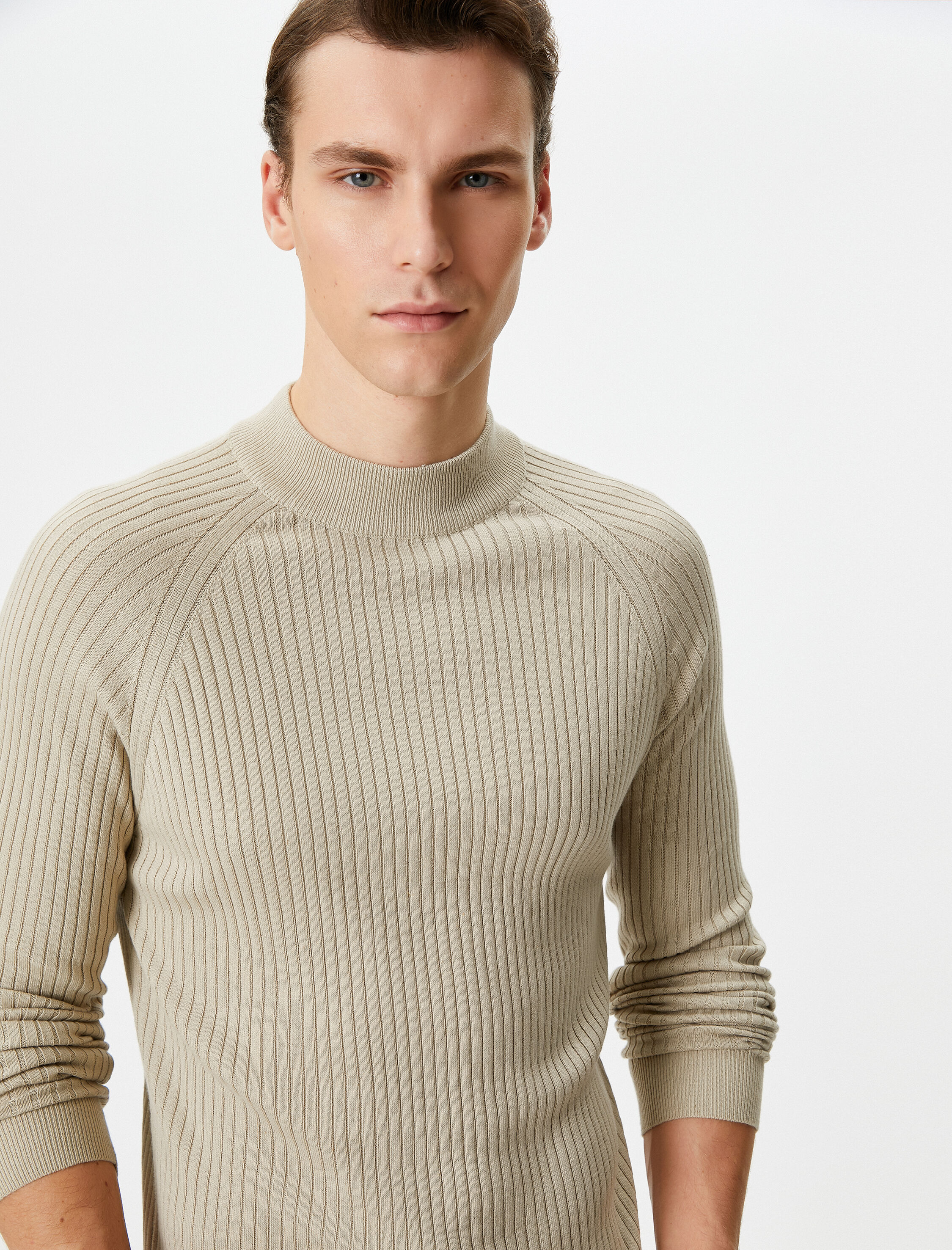 Slim Fit Kazak Triko Yarım Balıkçı Yaka Reglan Kollu Dokulu