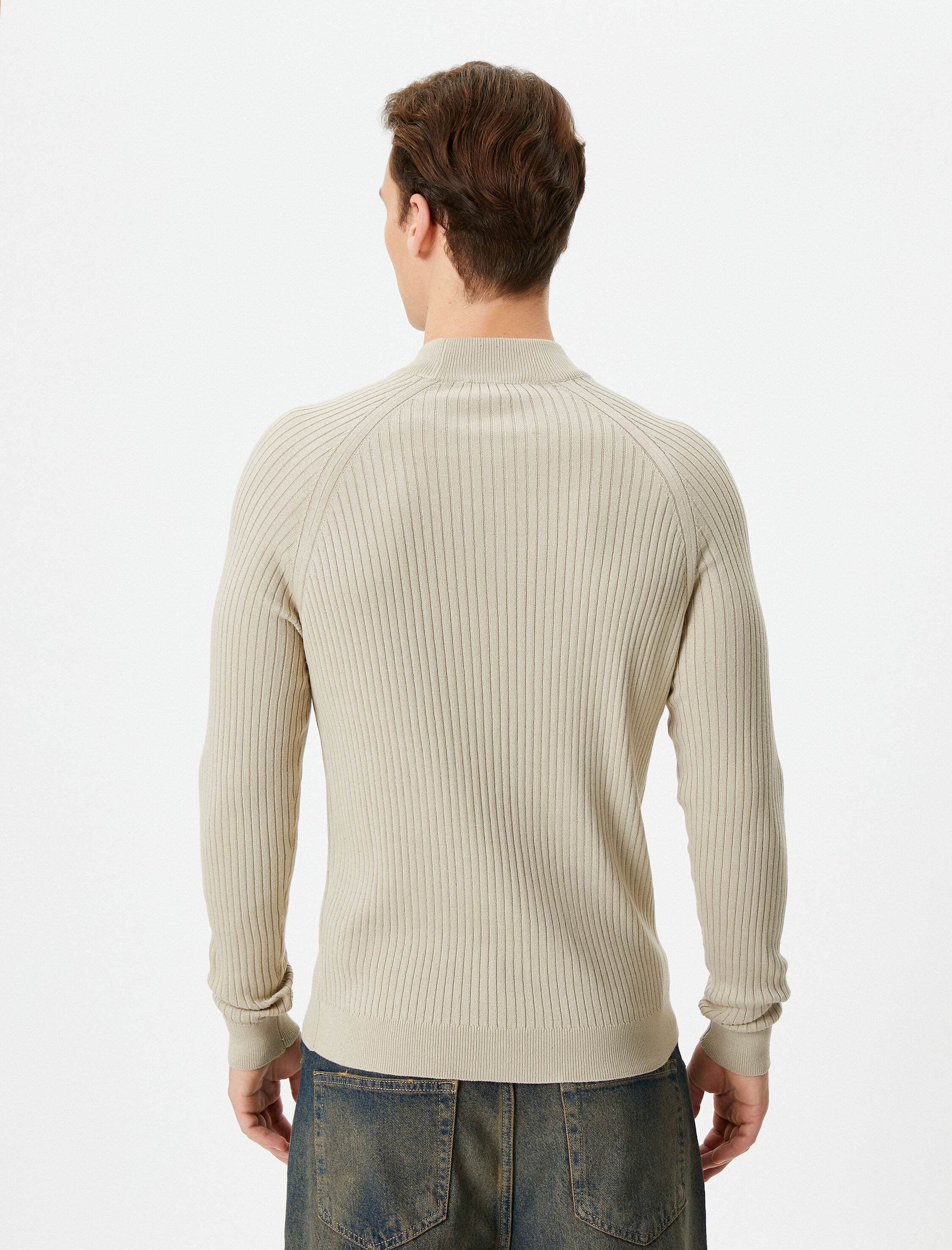 Slim Fit Kazak Triko Yarım Balıkçı Yaka Reglan Kollu Dokulu