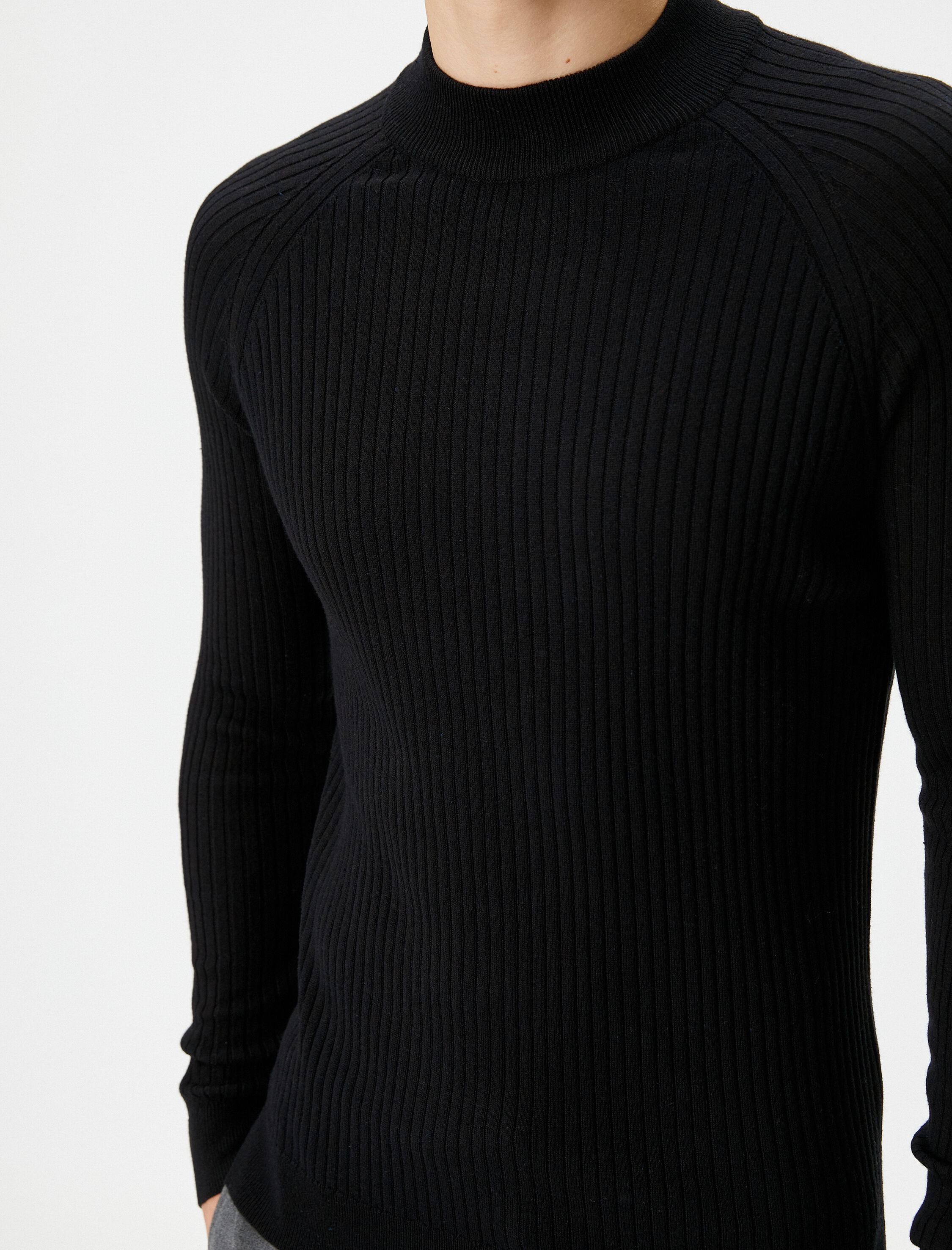   Slim Fit Kazak Triko Yarım Balıkçı Yaka Reglan Kollu Dokulu