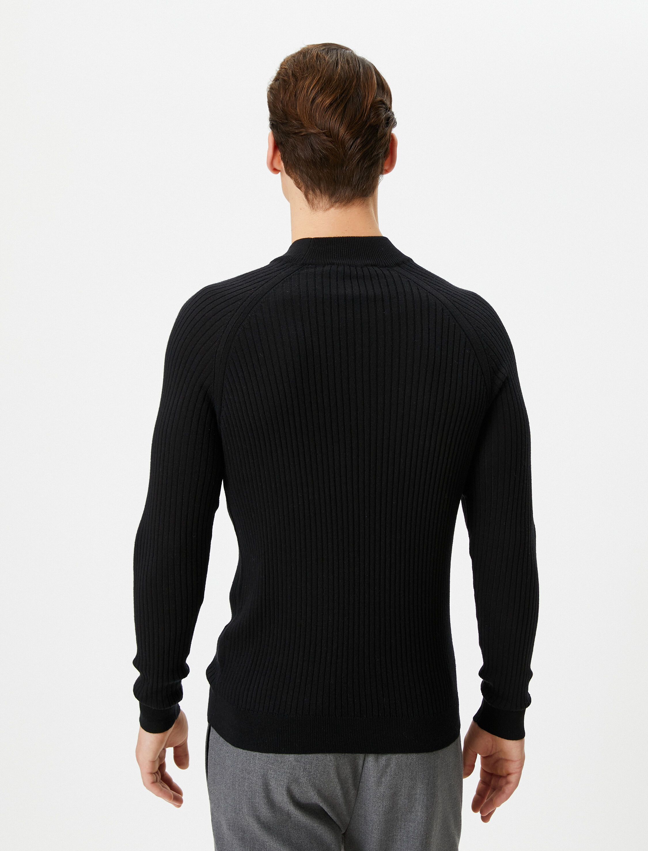   Slim Fit Kazak Triko Yarım Balıkçı Yaka Reglan Kollu Dokulu