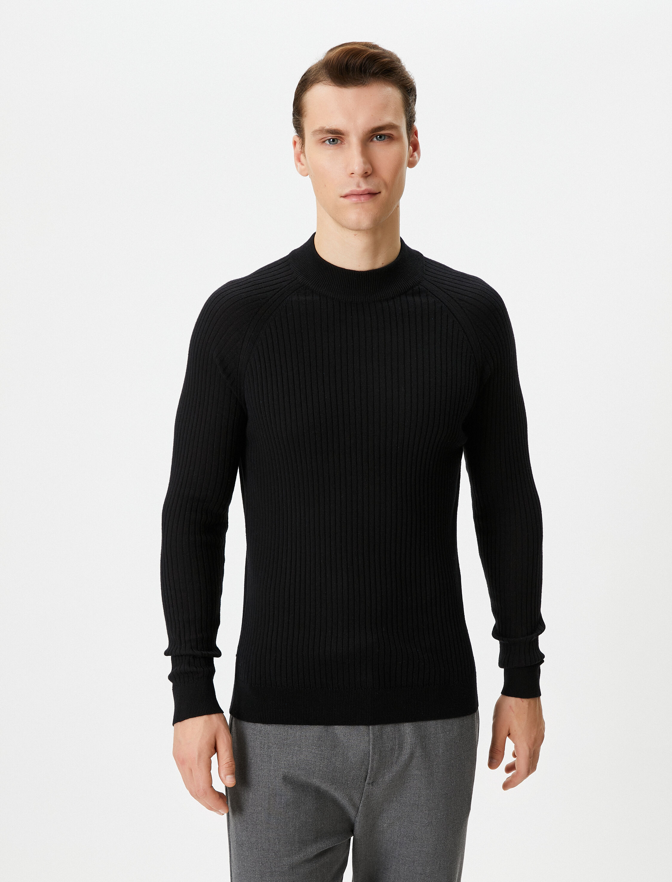   Slim Fit Kazak Triko Yarım Balıkçı Yaka Reglan Kollu Dokulu