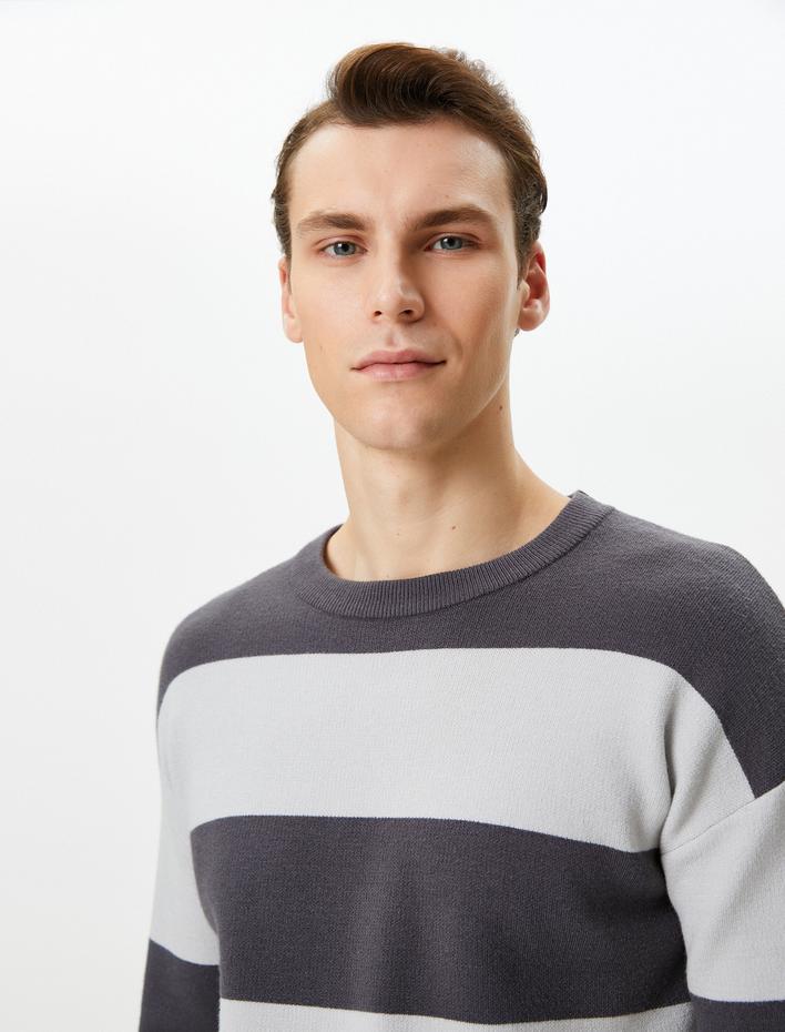  Triko Kazak Bisiklet Yaka Renk Bloklu Uzun Kollu